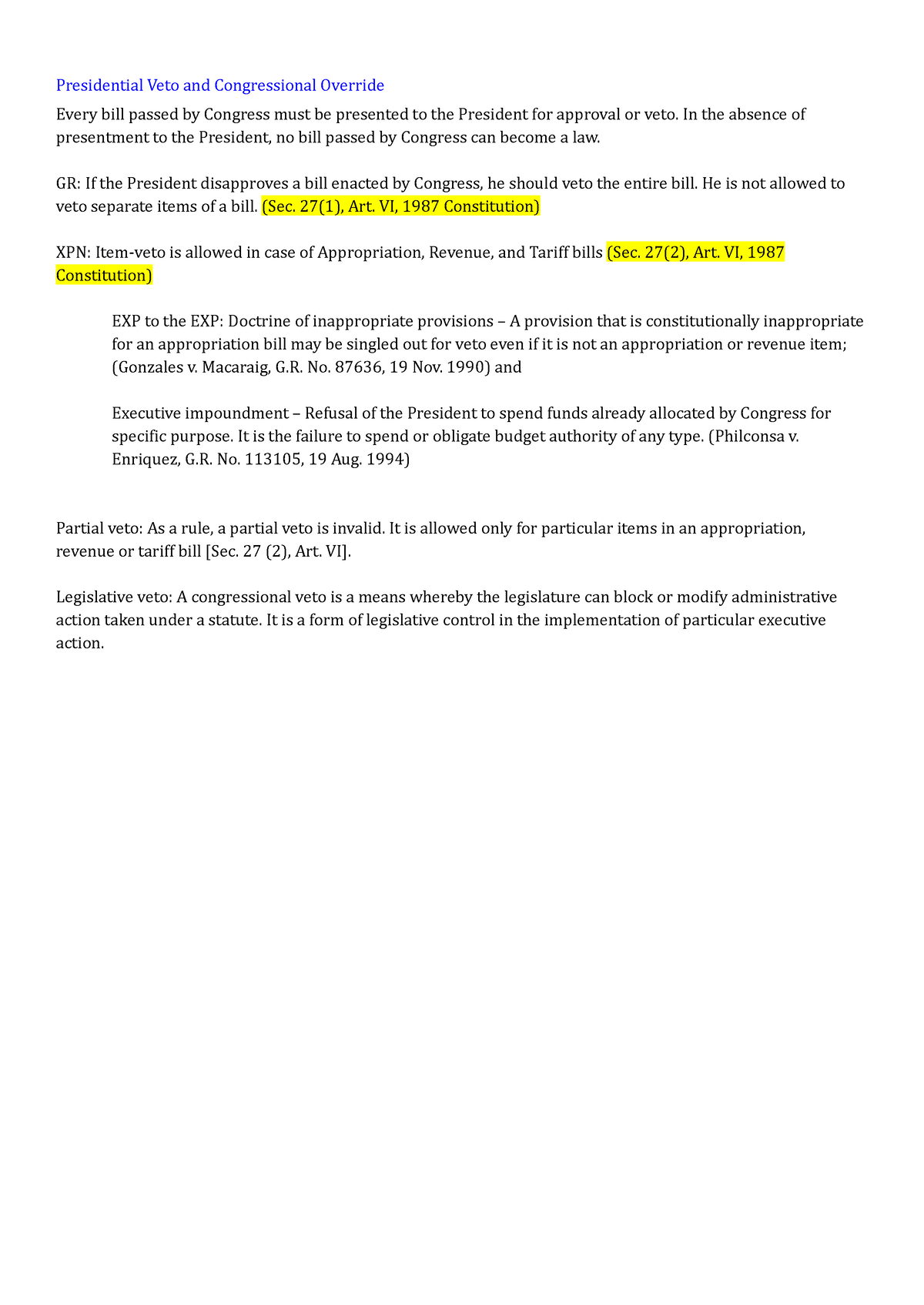 Presidential Veto And Congressional Override - In The Absence Of ...