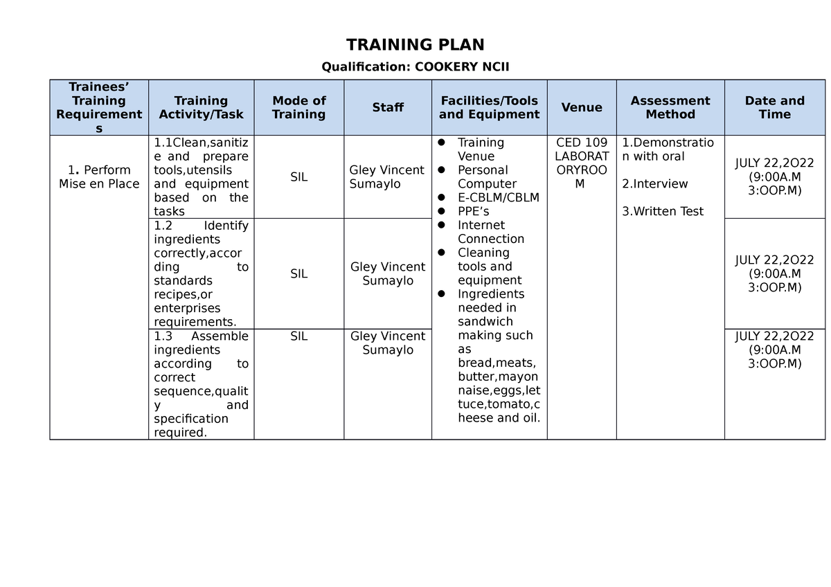 Training Plan Cookery - for homework purposes - TRAINING PLAN ...