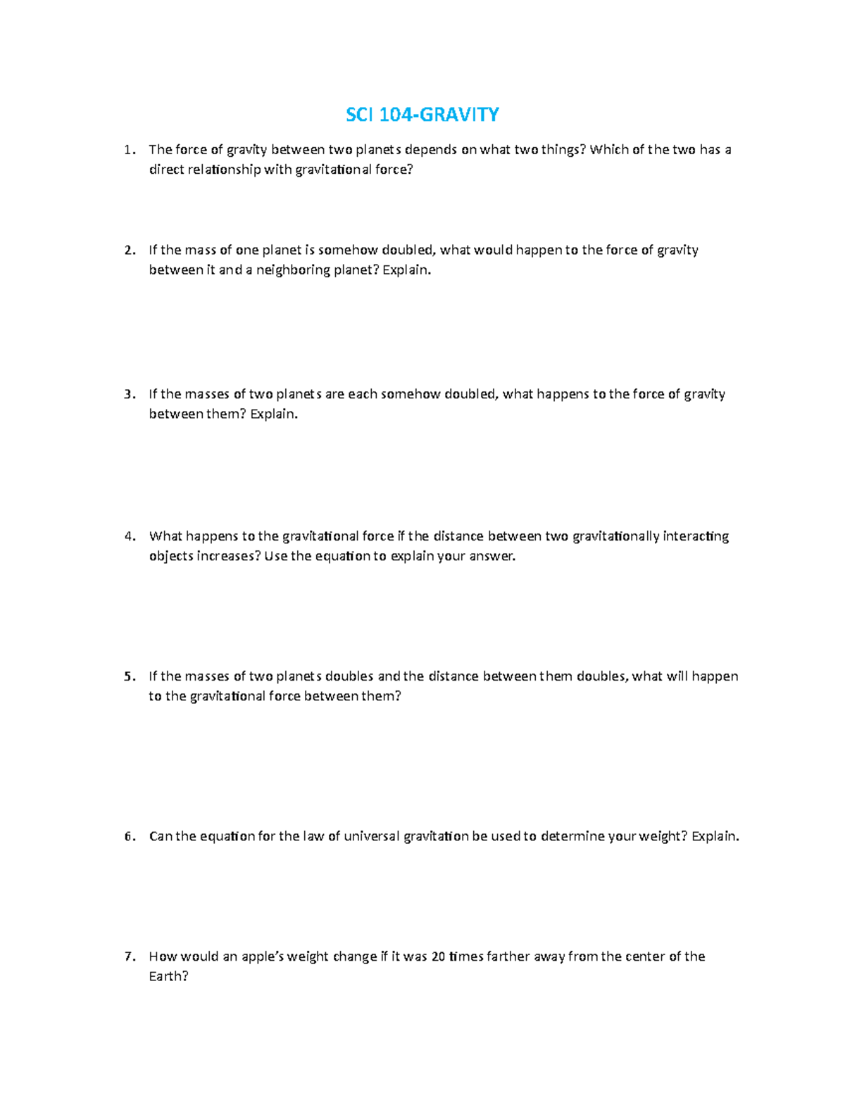 Gravity Questions Activity SCI 104 GRAVITY The Force Of Gravity 