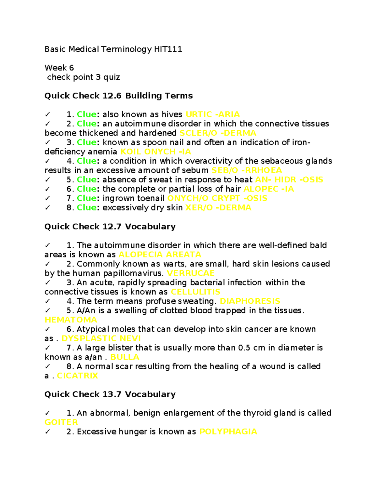 Basic Medical Terminology HIT111 Week 6 check point 3 quiz - Basic ...