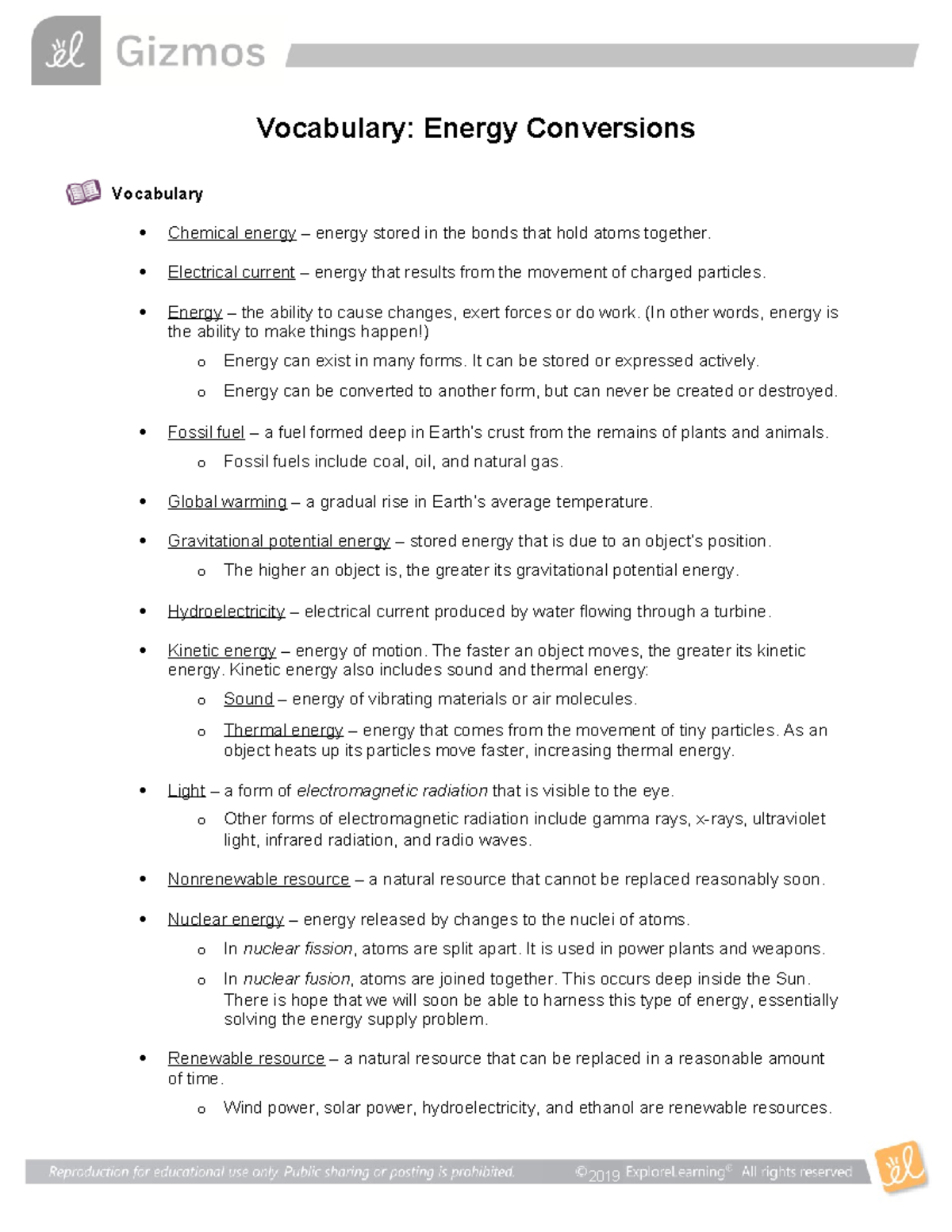Energy Conversions Vocab 2019 Vocabulary Energy Conversions