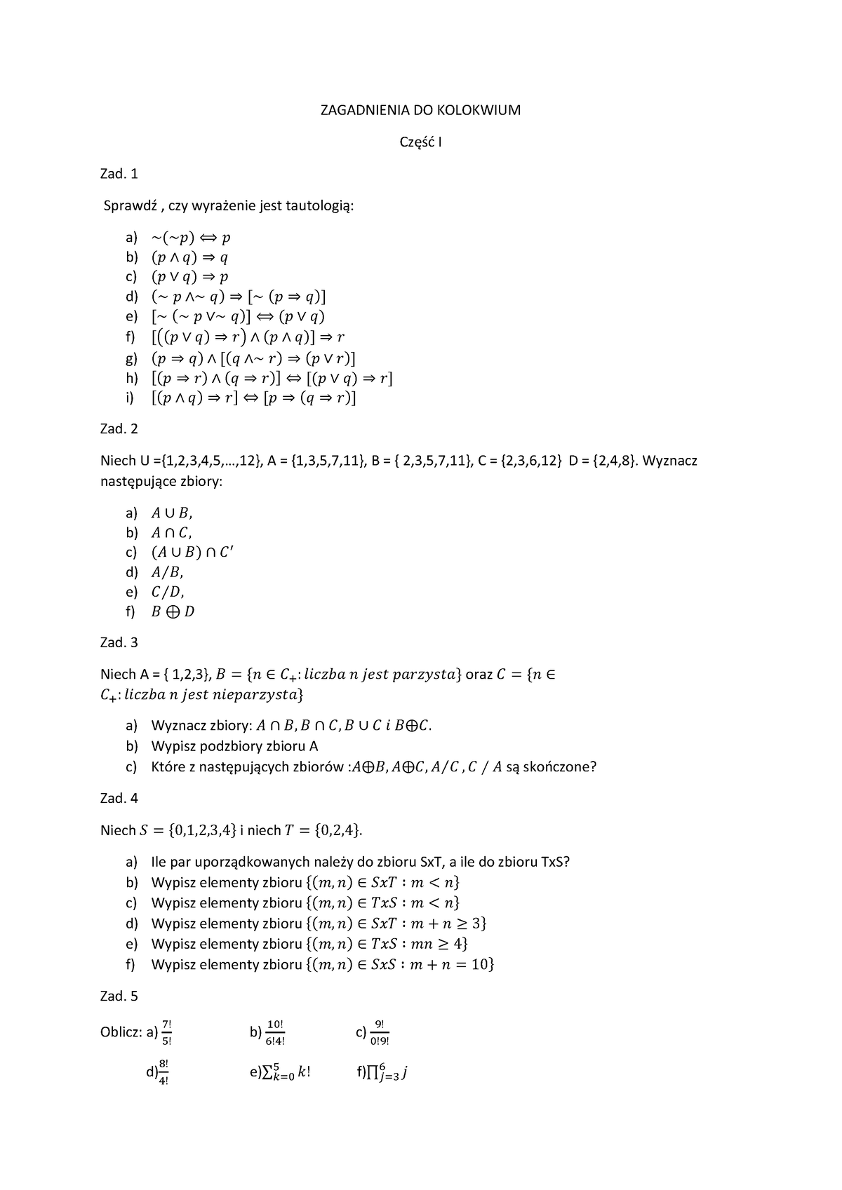 Matematyka Dyskretna 8 3 Zagadnienia Do Kolokwium Część I Zad 1 Sprawdź Czy Wyrażenie Jest 1496