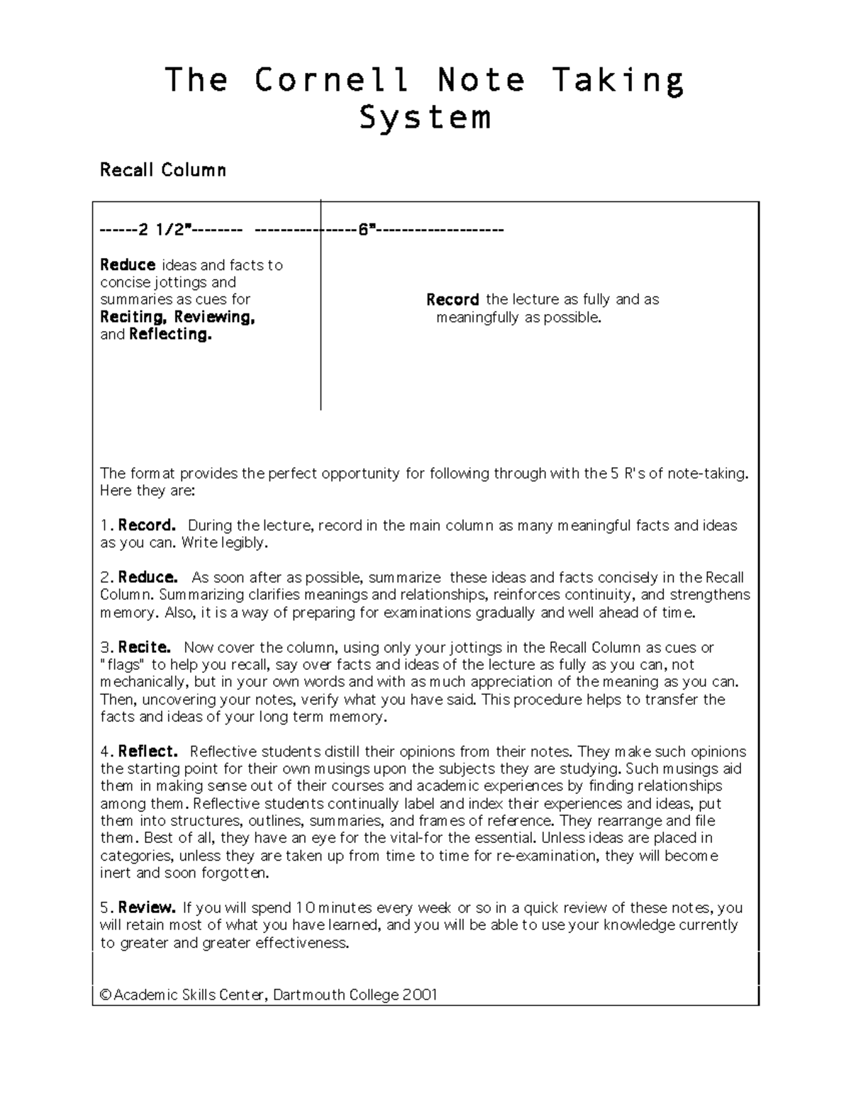 Cornell note taking-6 - NOTES - The Cornell Note Taking System Recall ...