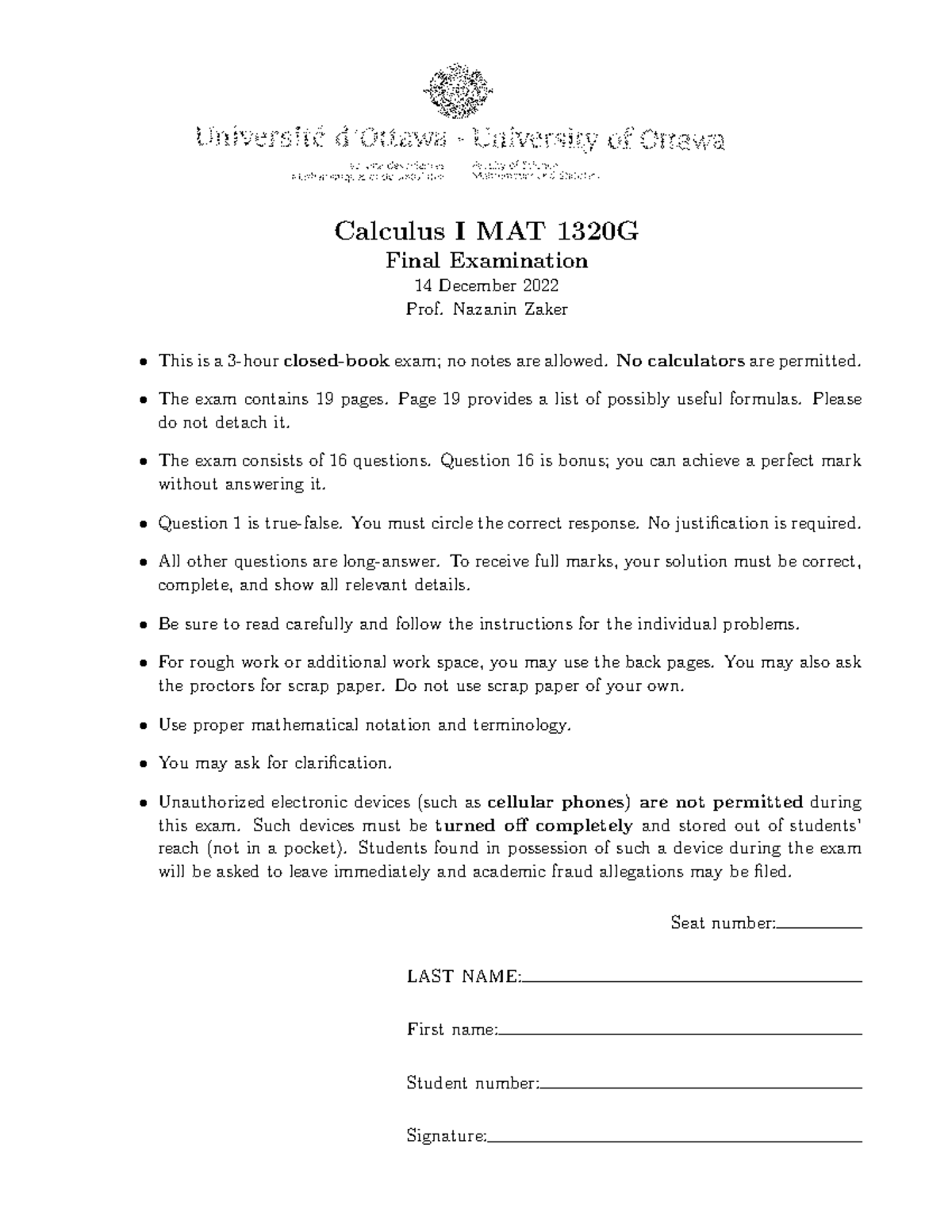 Exam Instruction for Final Exam - MAT 1320G - Calculus I MAT 1320G ...
