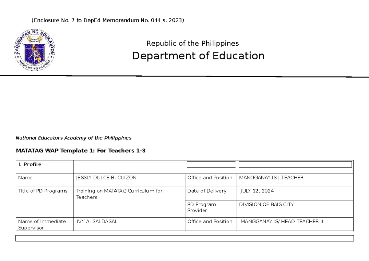 WORKPLACE APPLICATION PLAN SAMPLE FOR TEACHERS - (Enclosure No. 7 to ...