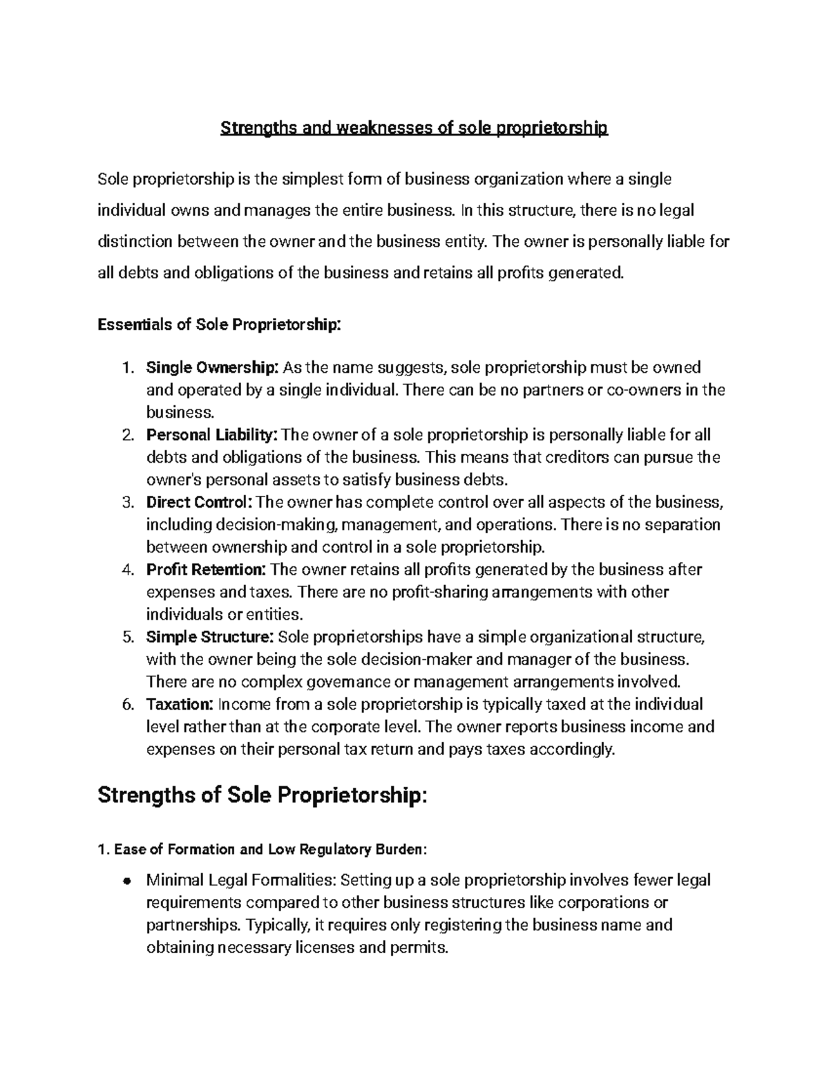 Sole propritership Strengths and weaknesses of sole proprietorship