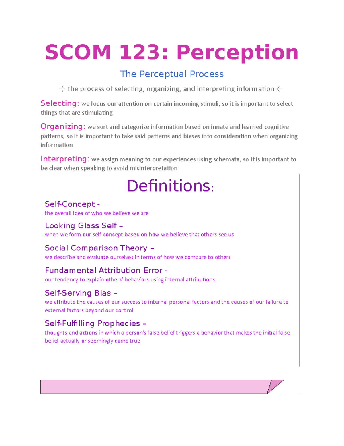 SCOM 123: Perception - SCOM 123: Perception The Perceptual Process → the  process of selecting, - Studocu