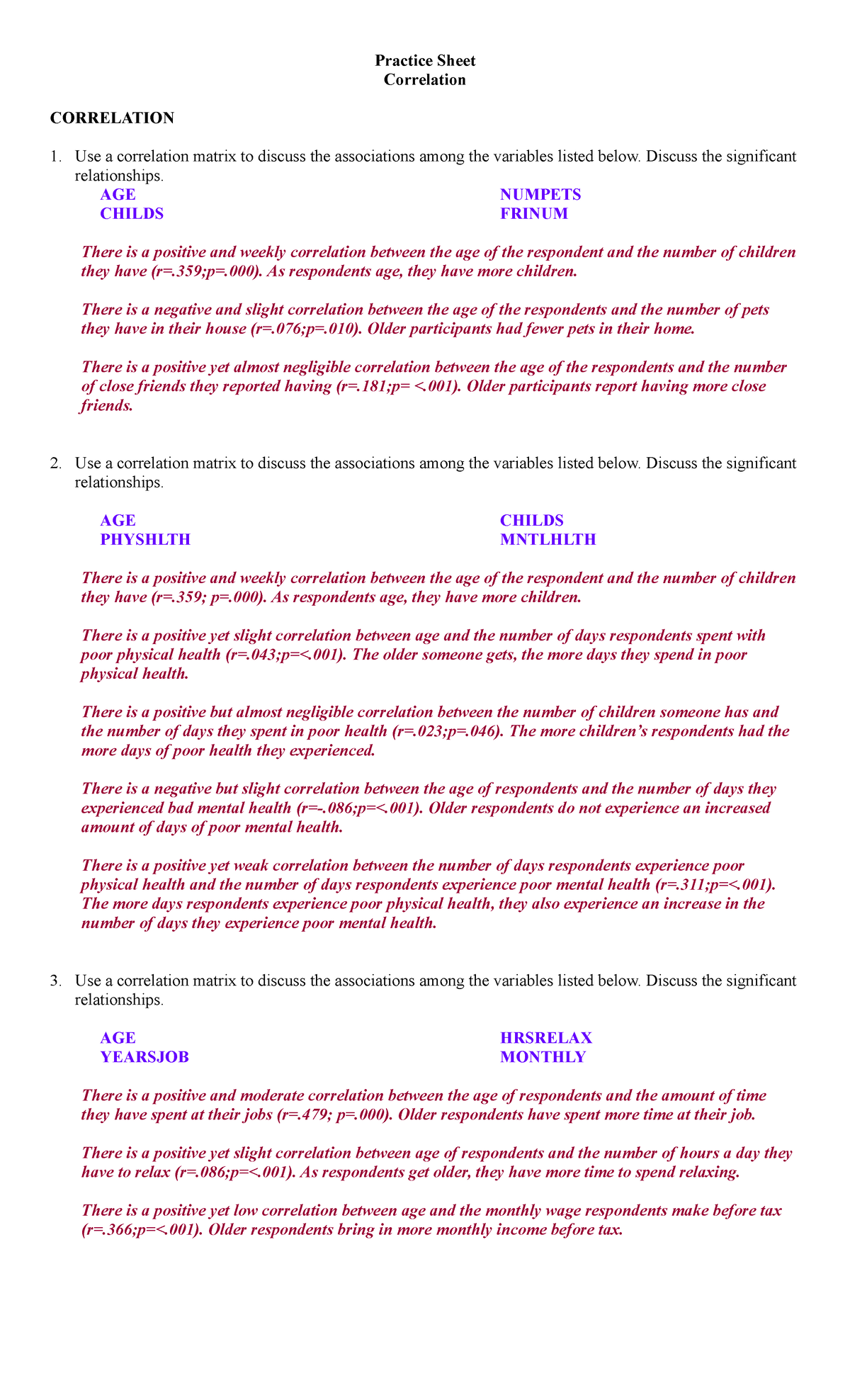 Correlation Practice Sheet - Practice Sheet Correlation CORRELATION Use ...