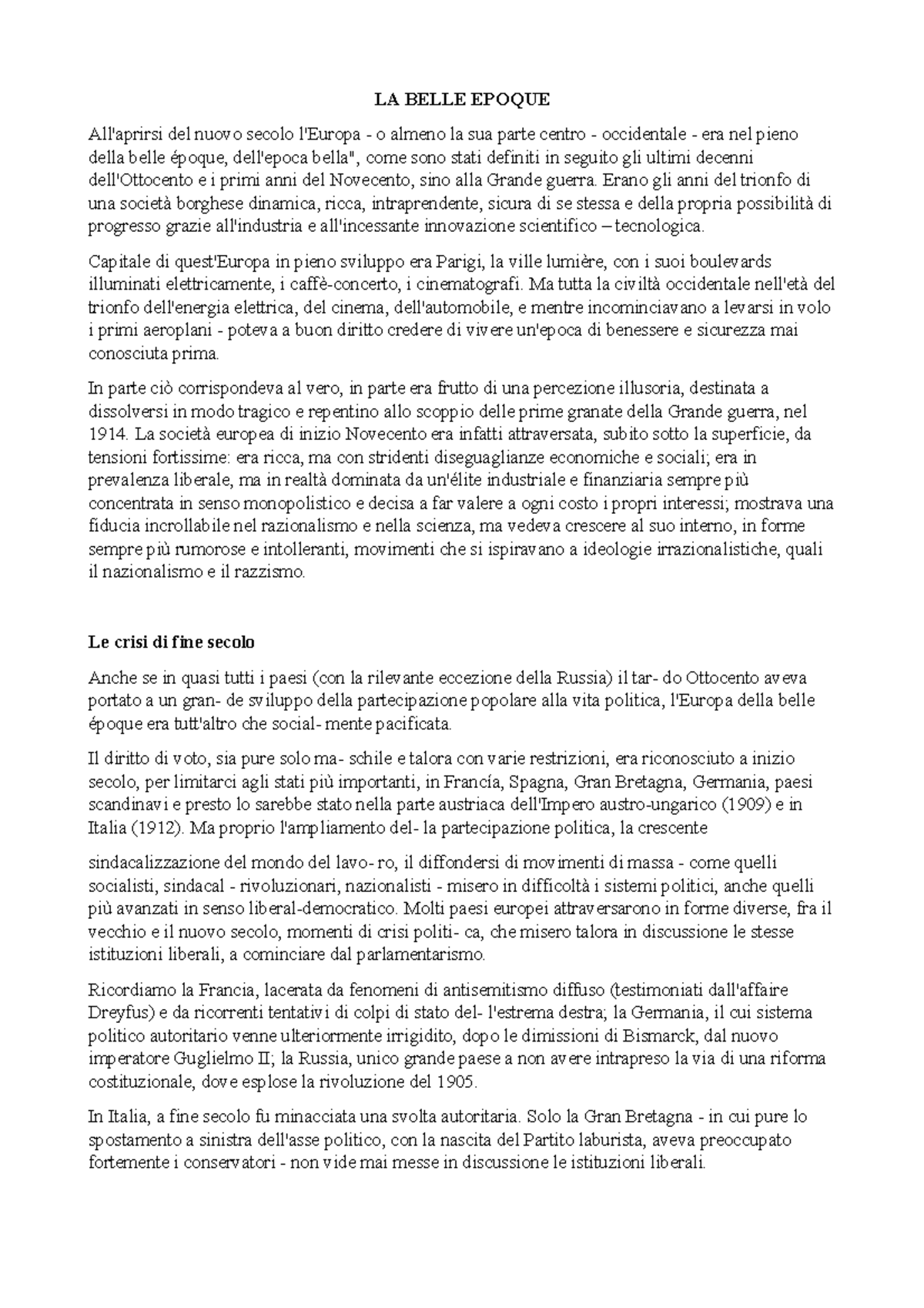 Storia Belle epoque e crisi marocchine LA BELLE EPOQUE All'aprirsi
