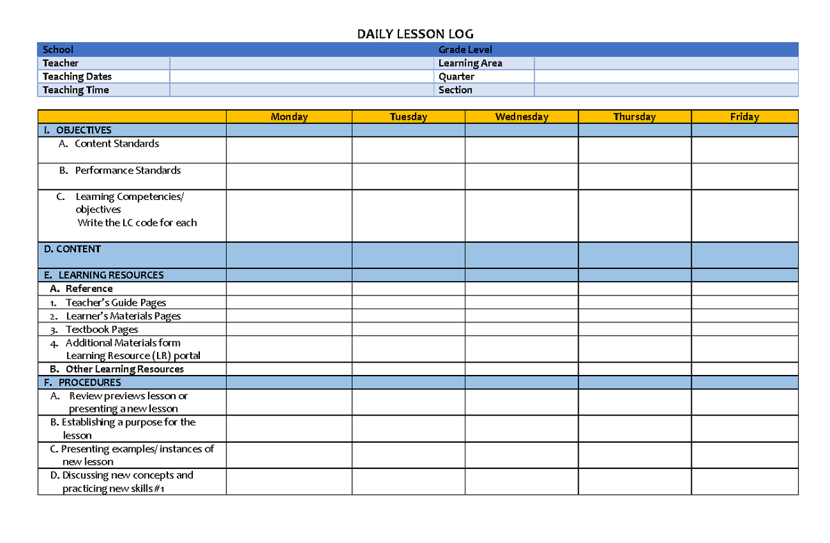 Daily Lesson LOG ( Template) - DAILY LESSON LOG School Grade Level ...