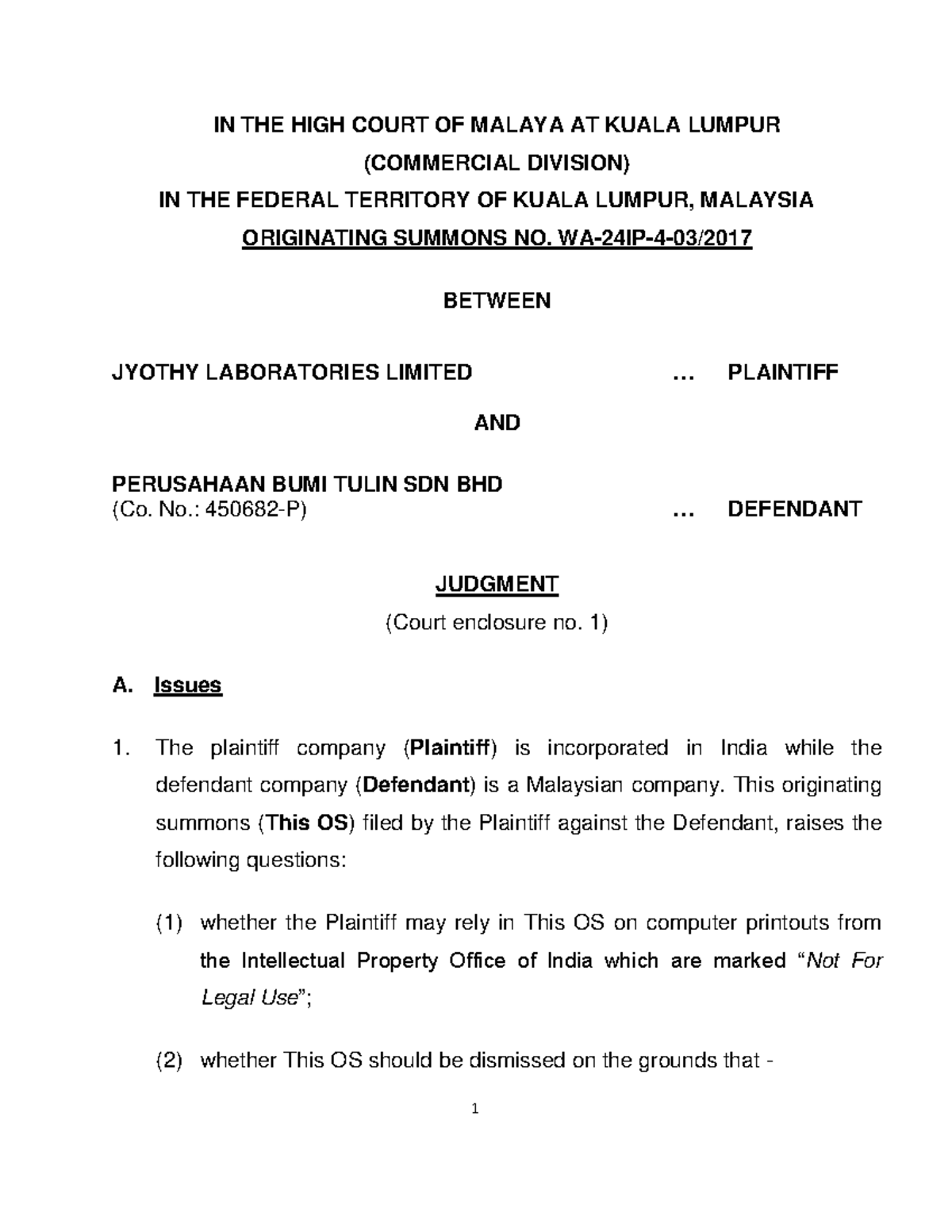 Jyothy Laboratories Limited v Perusahaan Bumi Tulin Sdn Bhd NEEM ...