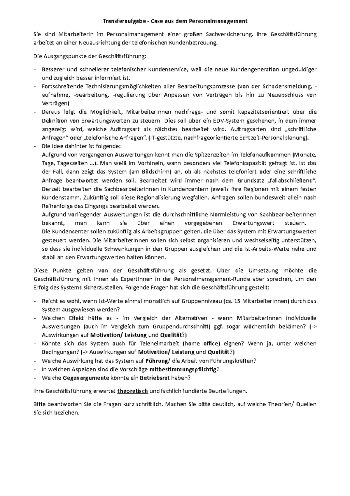 Transfer HR - Transferaufgabe - Case aus dem Personalmanagement Sie ...
