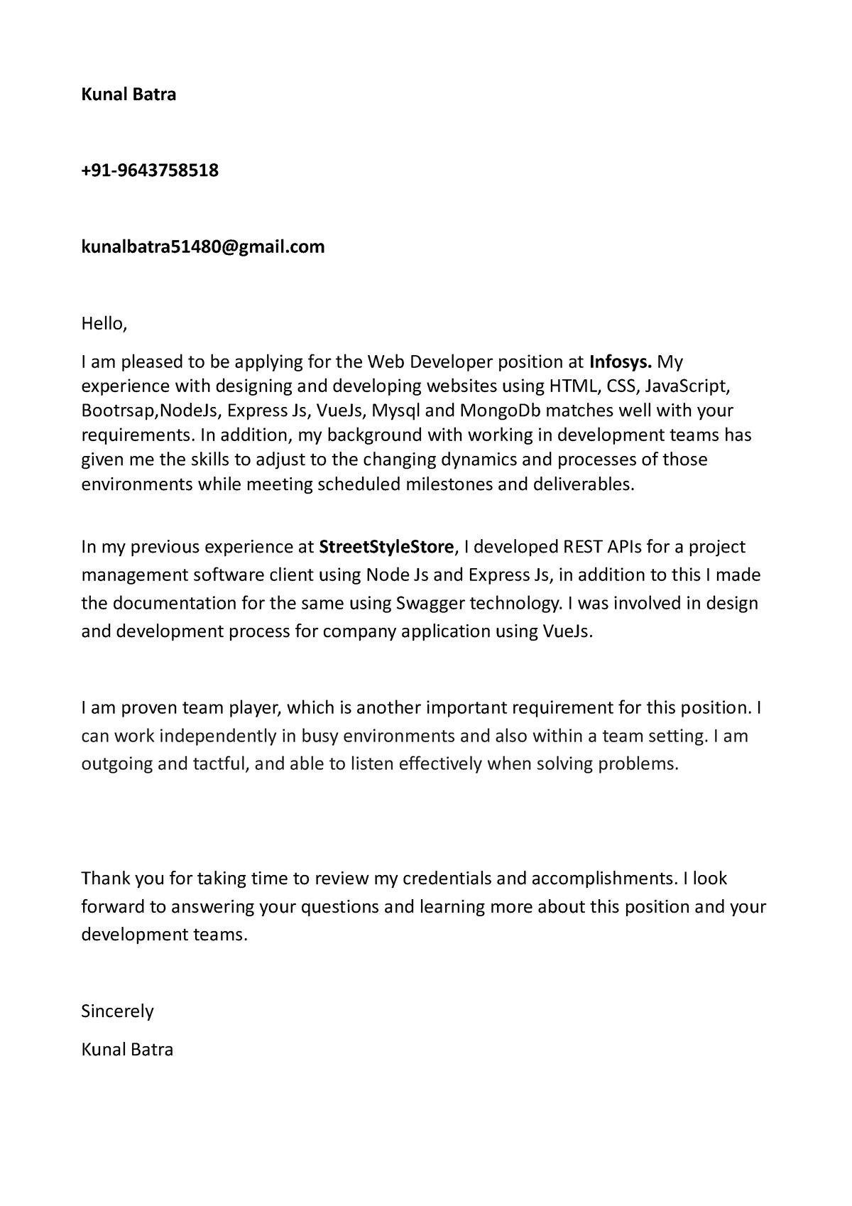 Kunal Batra Web developer Cover Letter - Kunal Batra +91 ...