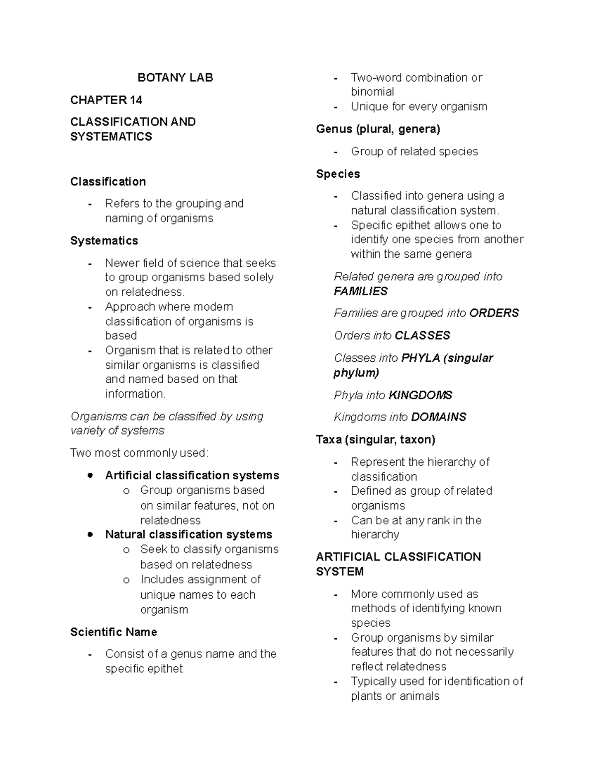Botany Lab Reviewer - BOTANY LAB CHAPTER 14 CLASSIFICATION AND ...