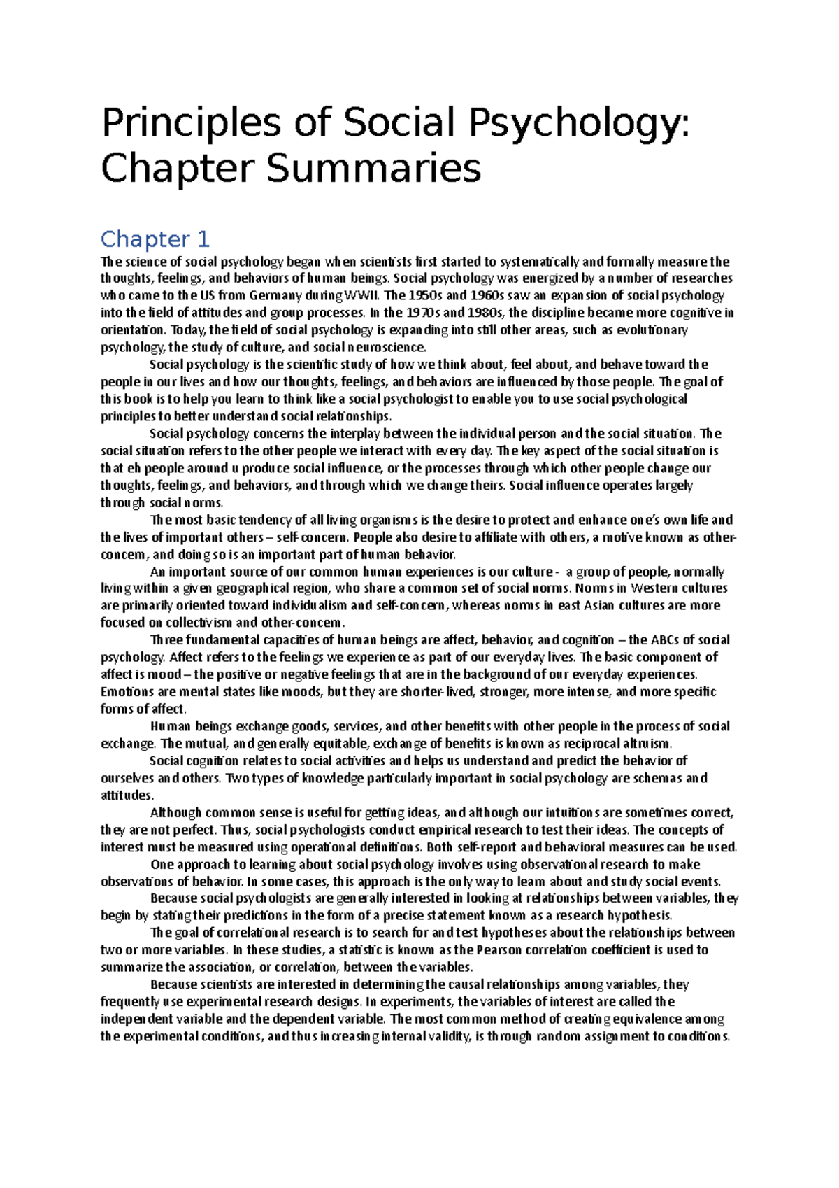 Chapter Summaries Principles Of Social Psychology Chapter Summaries Chapter 1 The Science Of