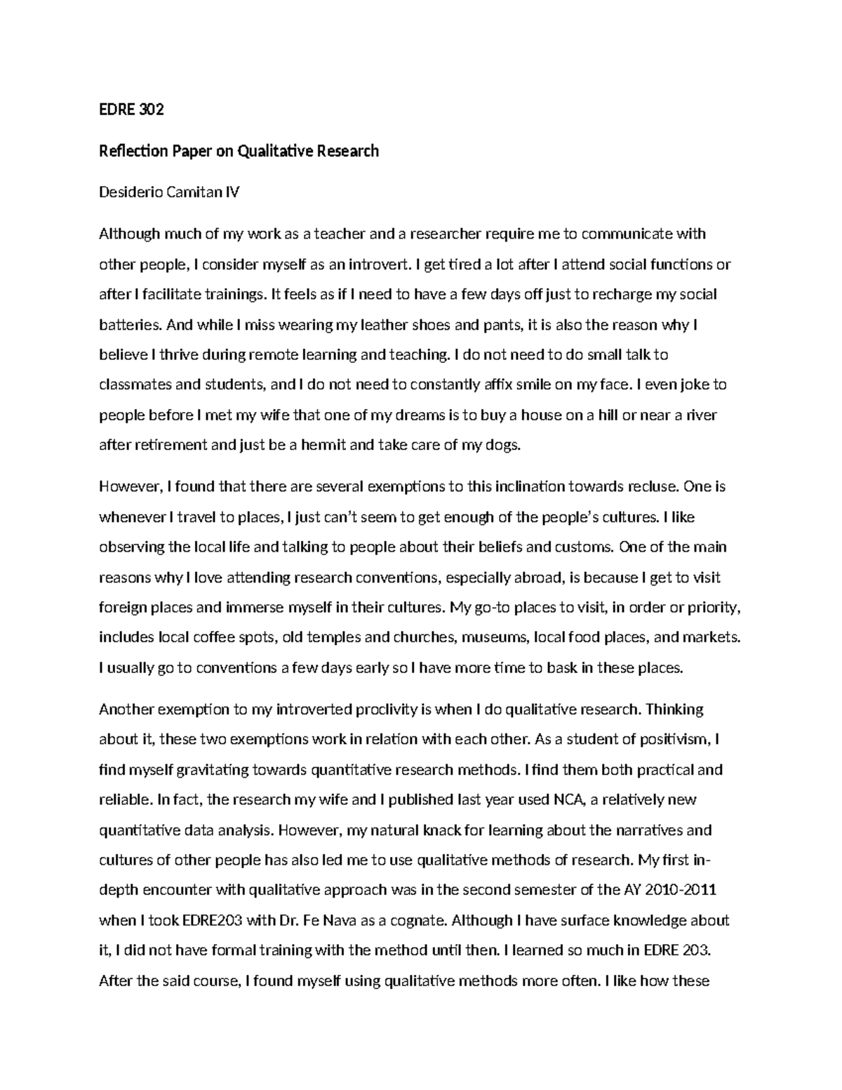 qualitative research reflection paper