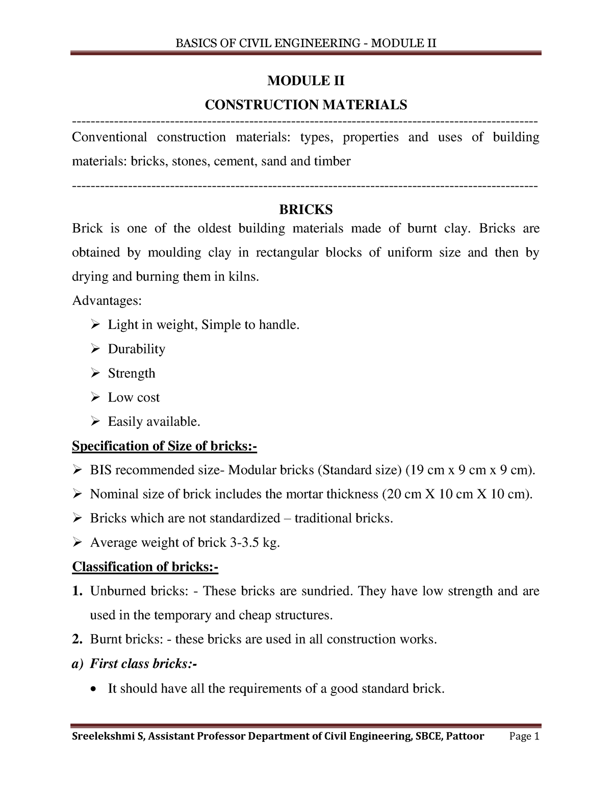 BCE Module II Brick, Stone, Cement Notes - MODULE II CONSTRUCTION ...