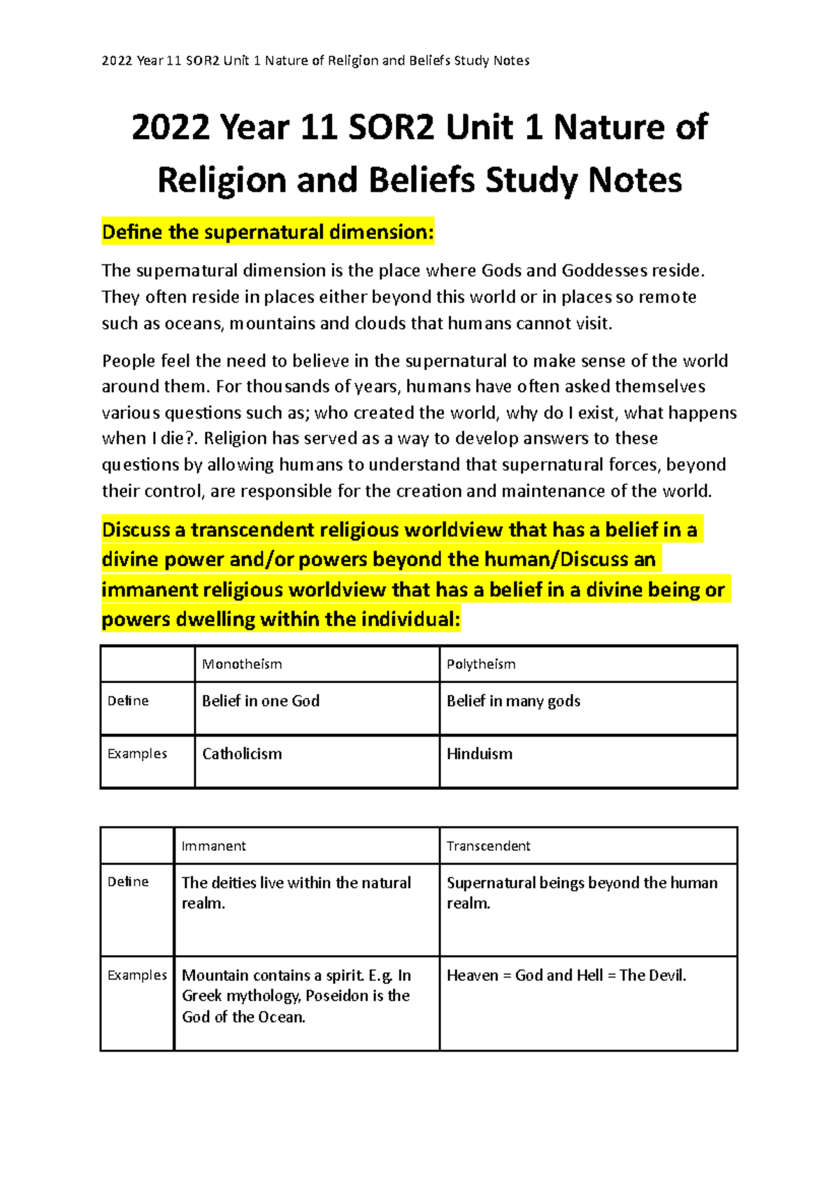 2022 Year 11 SOR2 Unit 1 Nature of Religion and Beliefs Study Notes ...