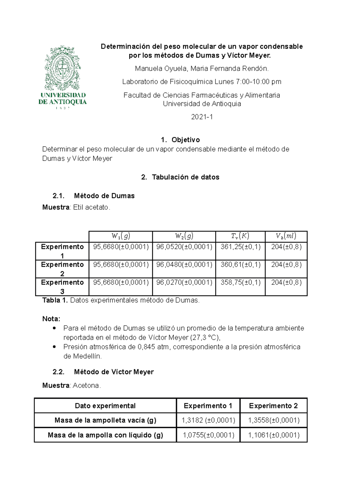 Informe Peso Molecular Determinación Del Peso Molecular De Un Vapor Condensable Por Los