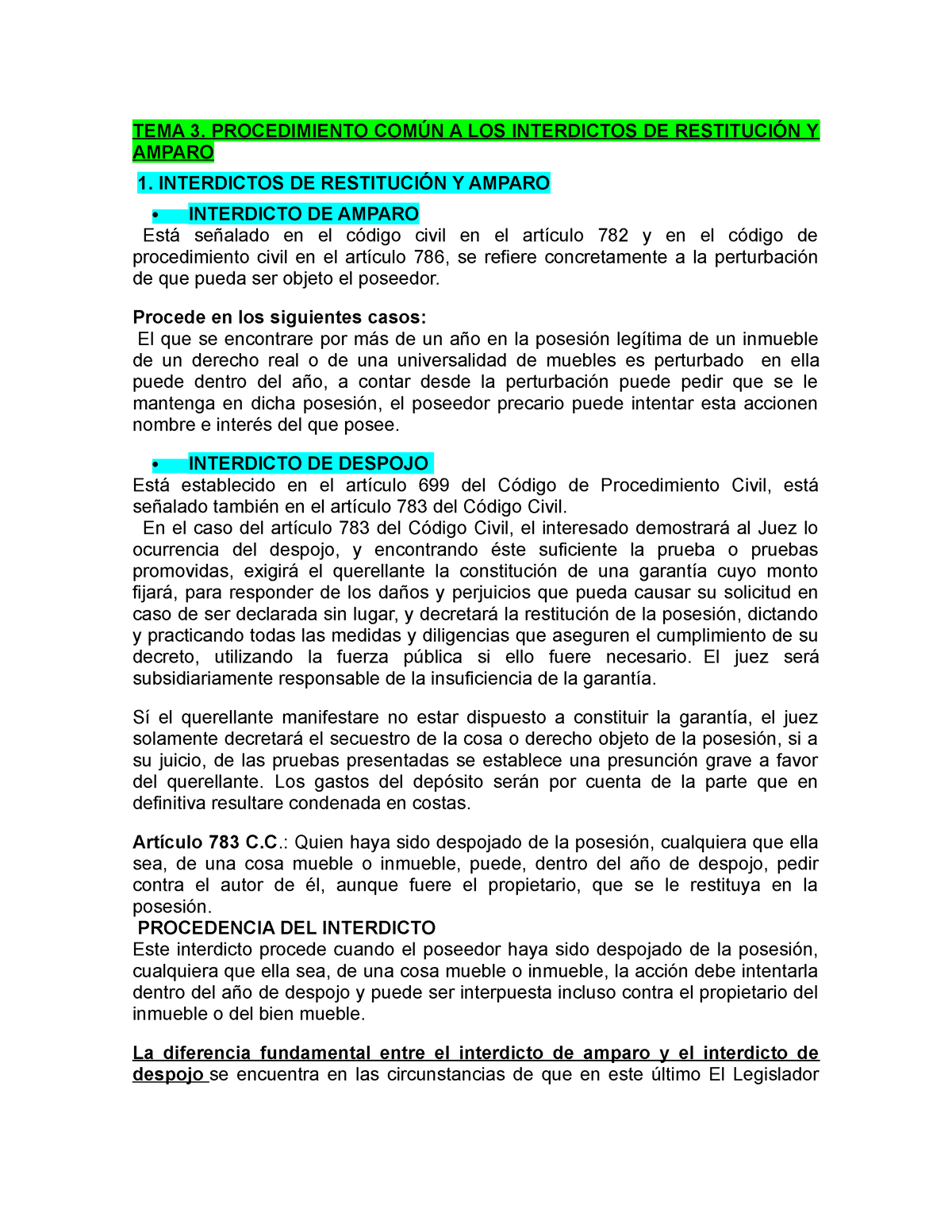 Unidad Ii Procedimiento Com N A Los Interdictos De Restituci N Y Amparo Tema Procedimiento