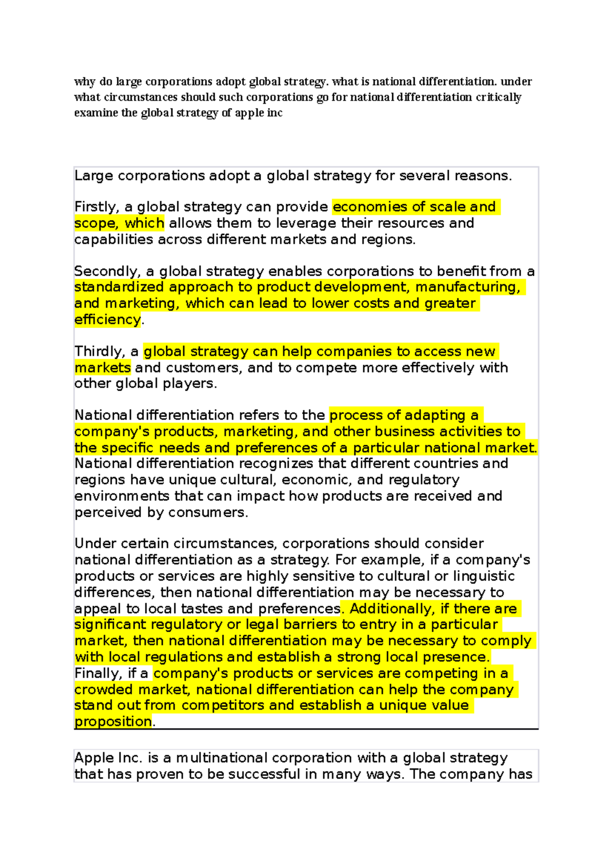 Last - nndd - why do large corporations adopt global strategy. what is ...