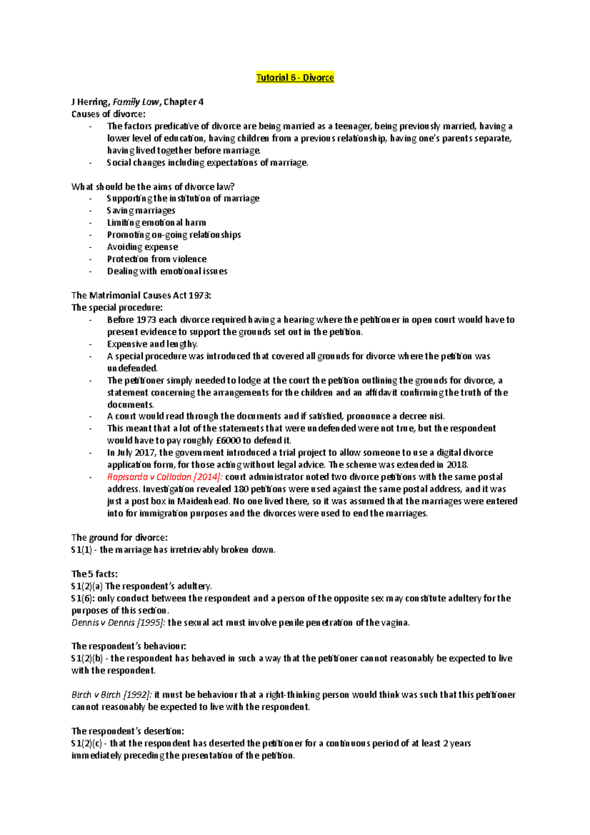 SG6 Divorce in family law, seminar Tutorial 6 Divorce J Herring