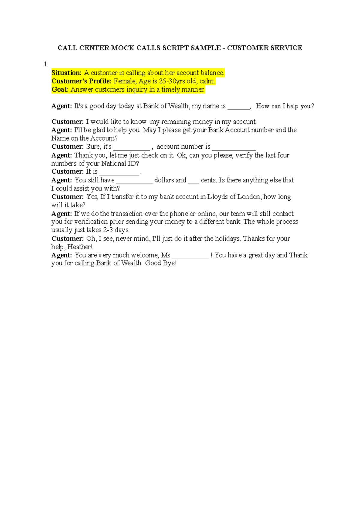 Pdfcoffee - CALL CENTER MOCK CALLS SCRIPT SAMPLE - CUSTOMER SERVICE 1 ...
