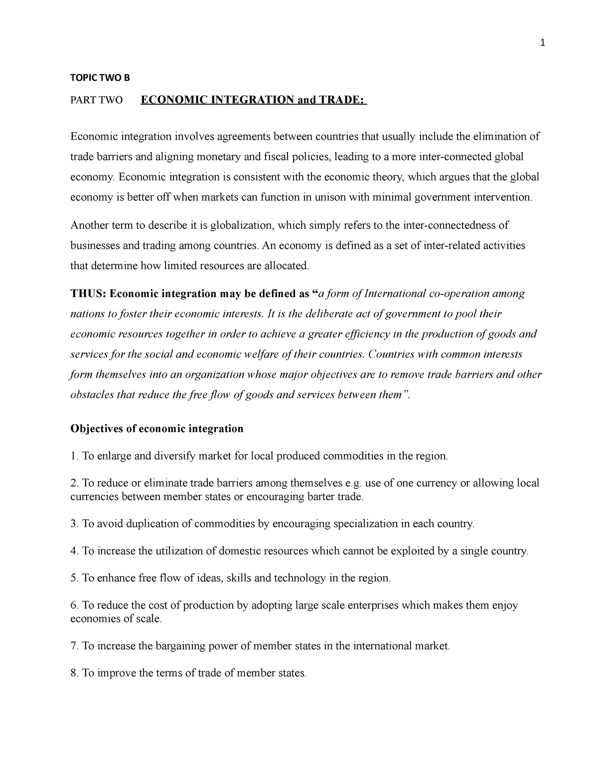 Topic TWO B- Econ Integration - TOPIC TWO B PART TWO ECONOMIC ...