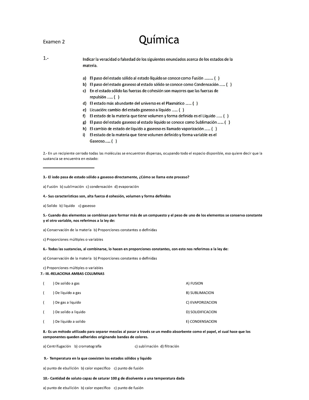 Examen 2 Química BACH - Prueba Quimica - Examen 2 Química 1.- 2.- En Un ...