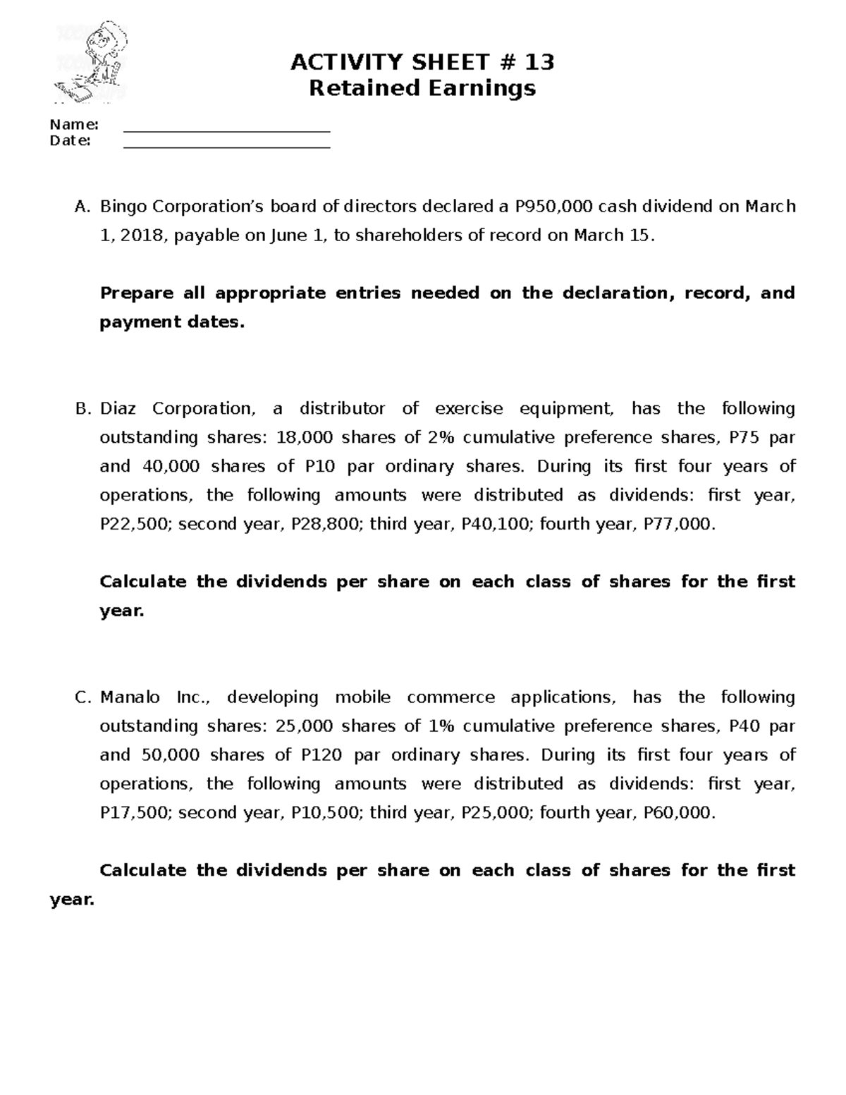 Activity 13 Retained Earnings - ACTIVITY SHEET # 13 Retained Earnings ...