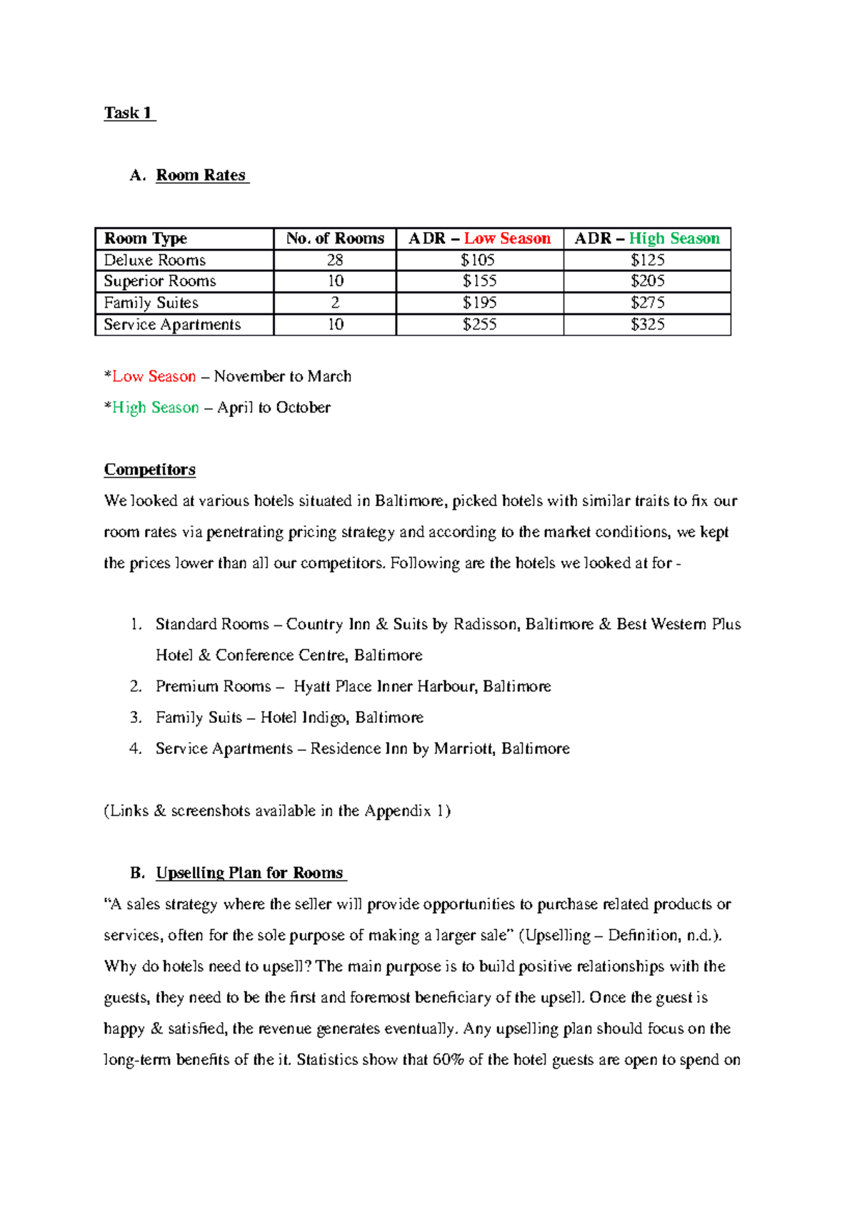 Room Type - pricing - Task 1 A. Room Rates Room Type No. of Rooms ADR ...