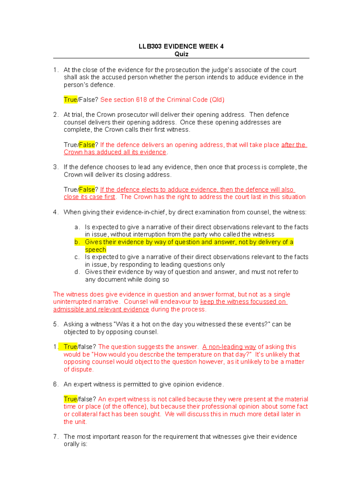 QUIZ 4 - week 4 quiz - LLB303 EVIDENCE WEEK 4 Quiz At the close of the ...