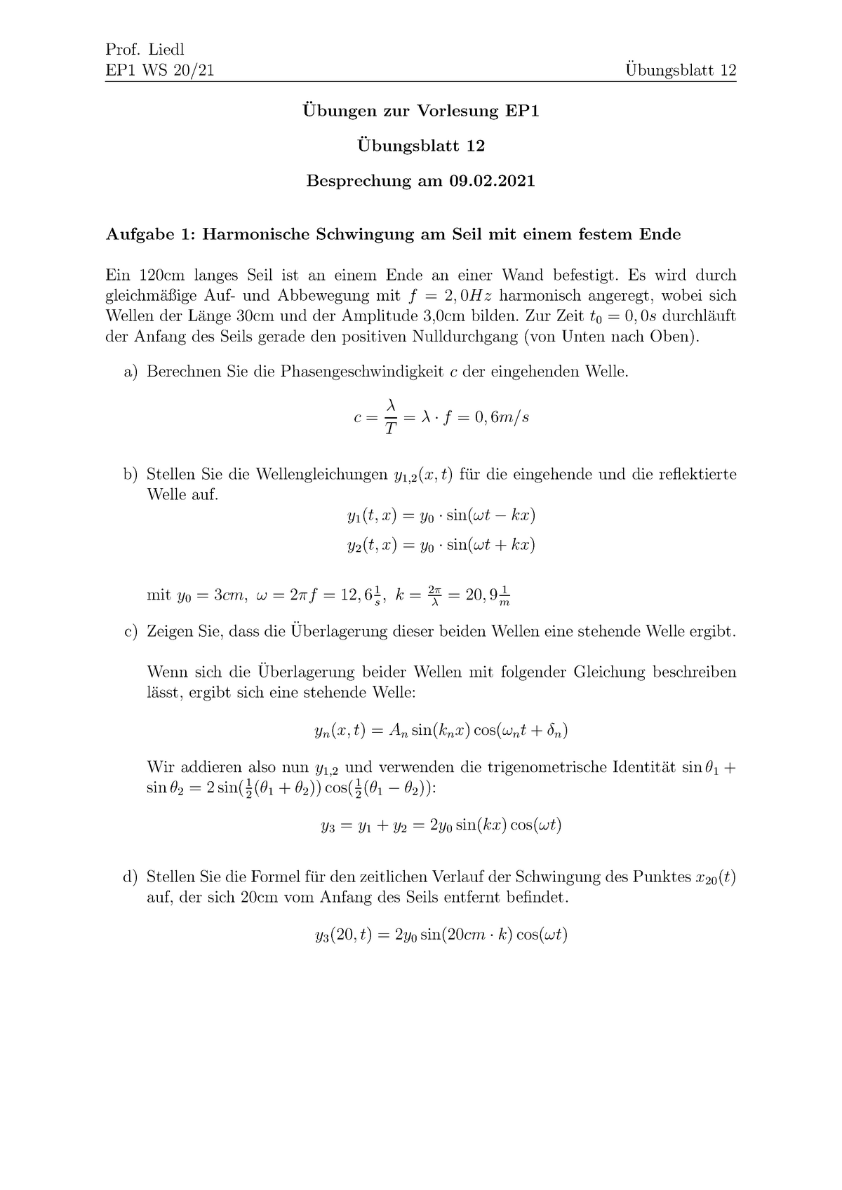 Übungsblatt Mit Lösungen Wellen - EP1 WS 20/ ̈ Ubungsblatt 12 ̈ Ubungen ...