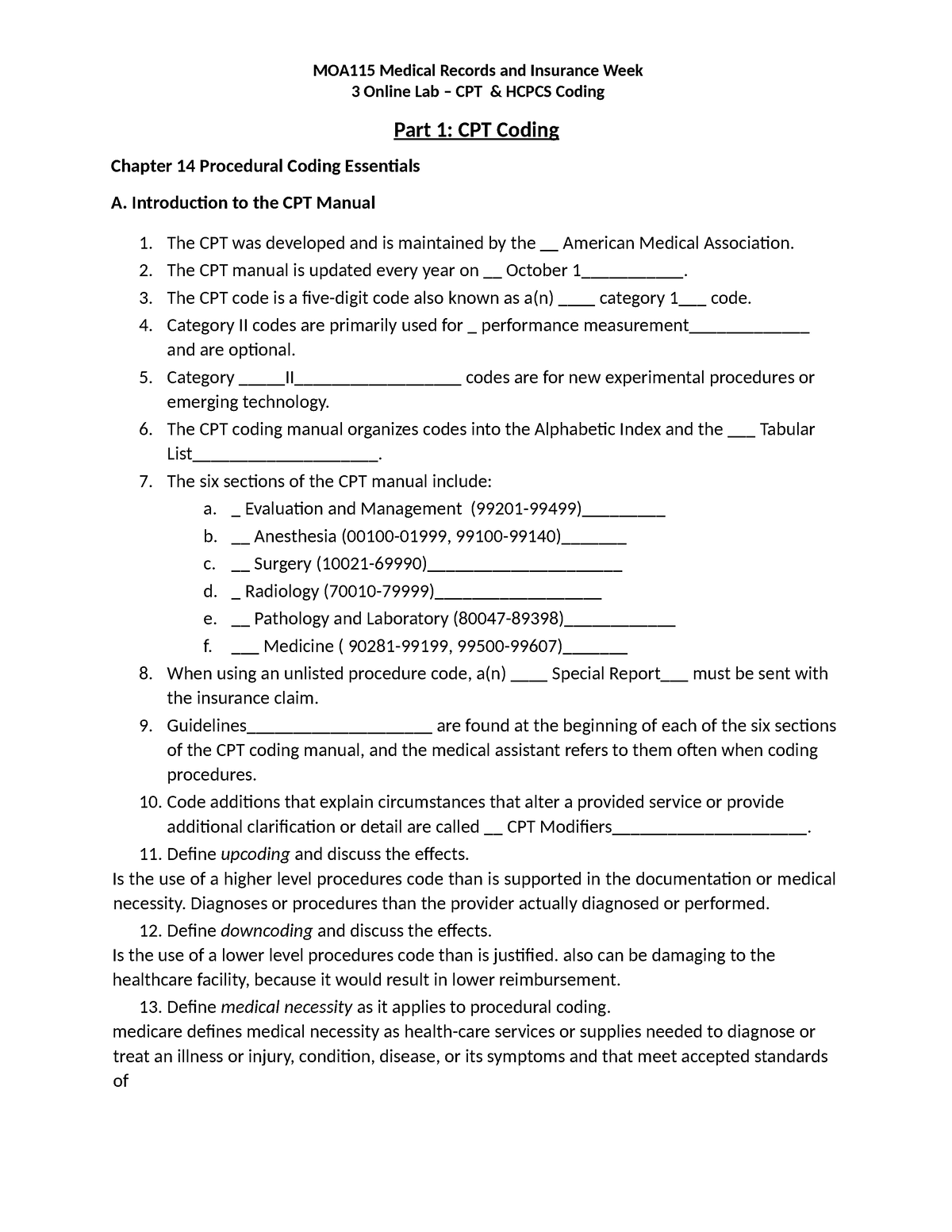 Week 3 Online Lab - 3 Online Lab – CPT & HCPCS Coding Part 1: CPT ...