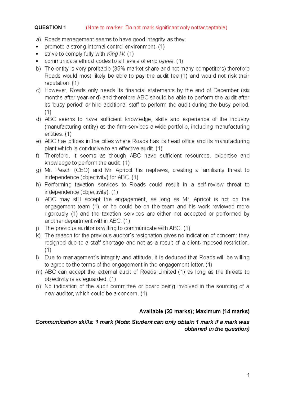 AUD322 Test 1 Marking Guide 2023 v4 marking solution QUESTION 1 (Note