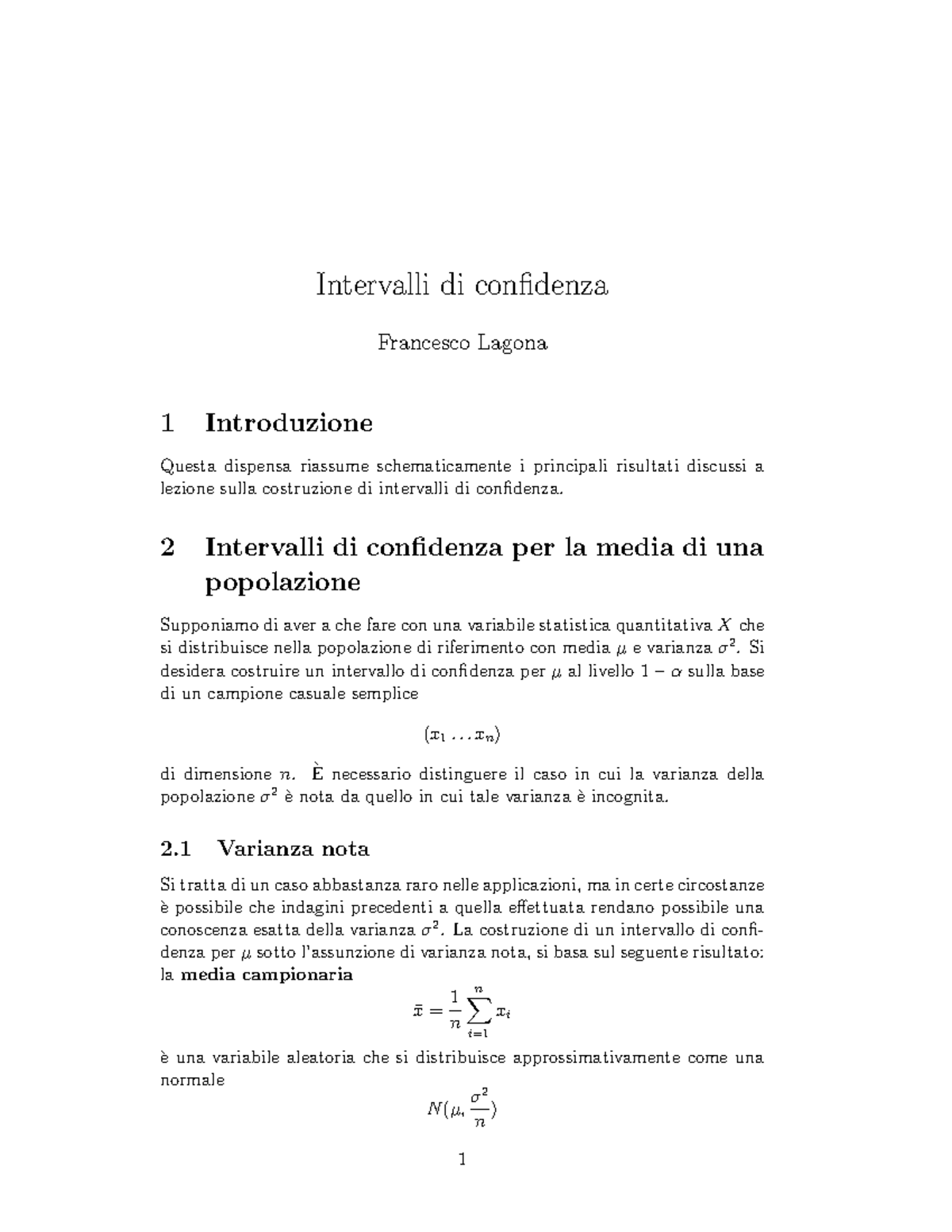 Intervalli Confidenza Statistica - Intervalli Di Confidenza Francesco ...