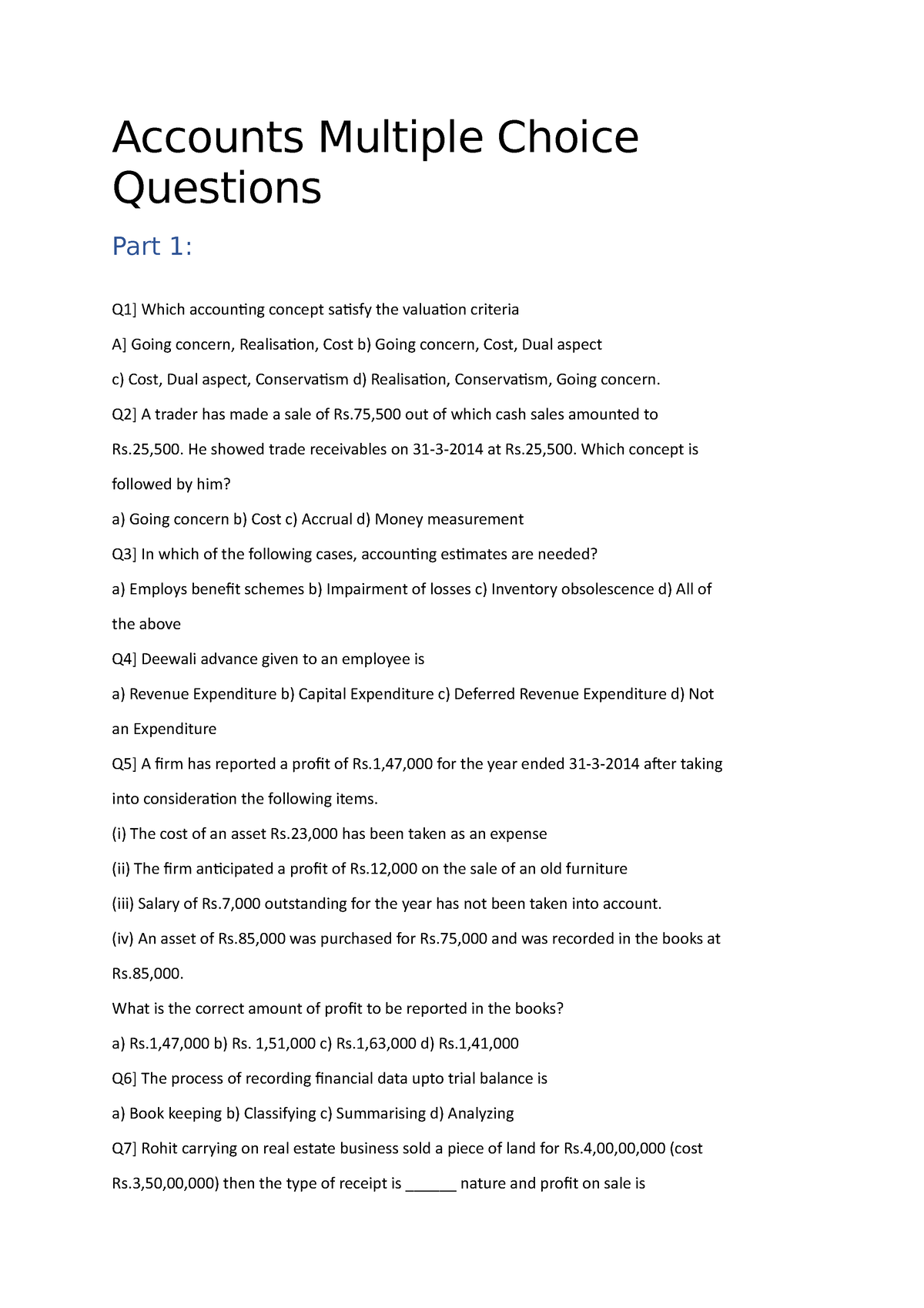 Accounts MCQ 1 - Accounts Multiple Choice Questions Part 1: Q1] Which ...