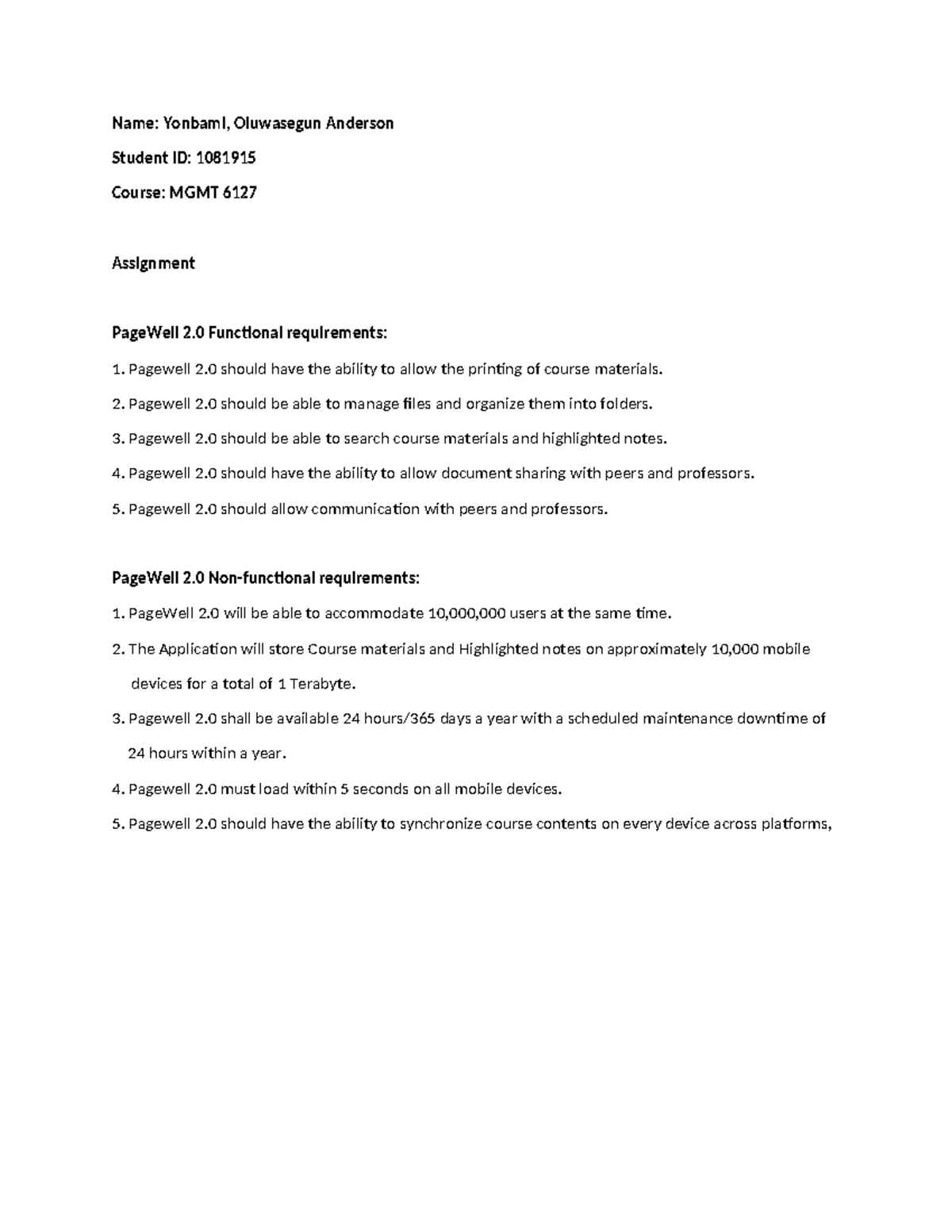 FR and NFR Assignment - Name: Yonbami, Oluwasegun Anderson Student ID ...