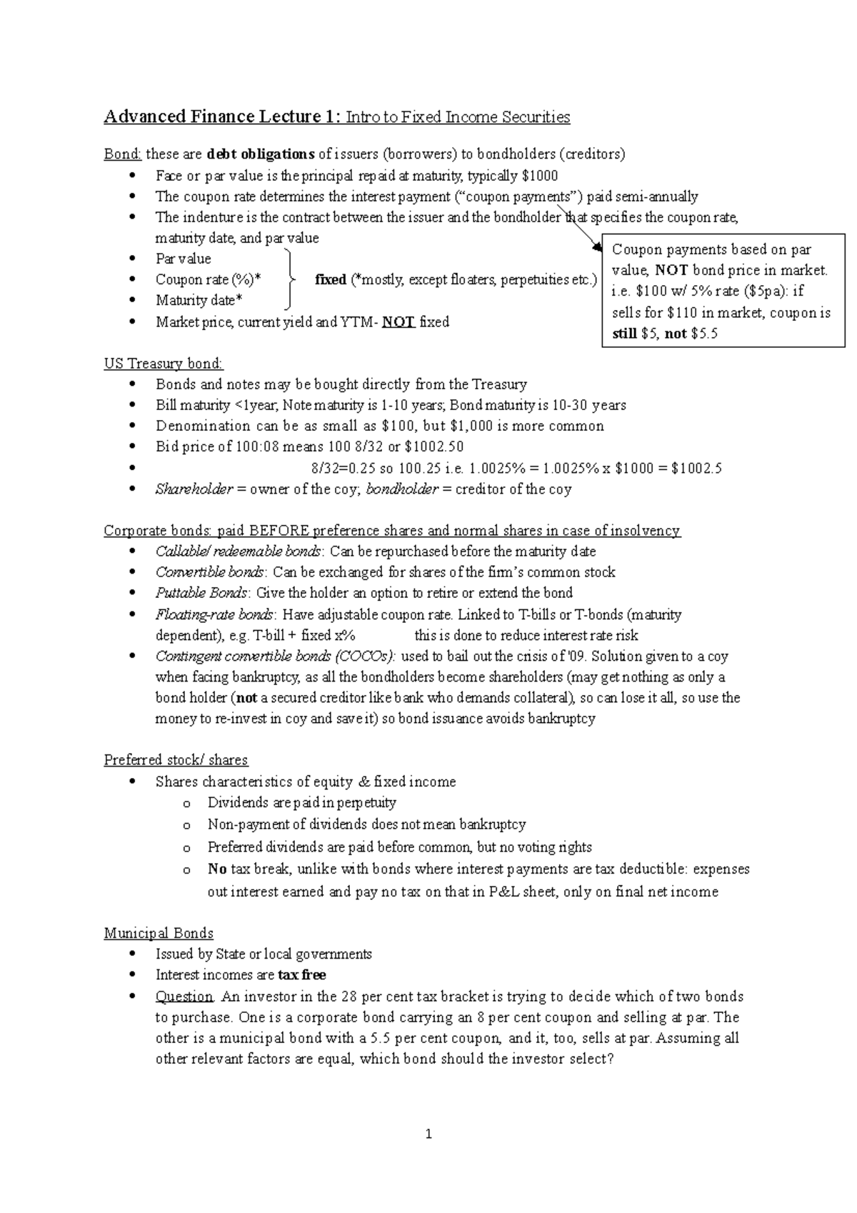 Advanced Finance Notes - Lecture notes, lectures 1 - 8 - Advanced ...