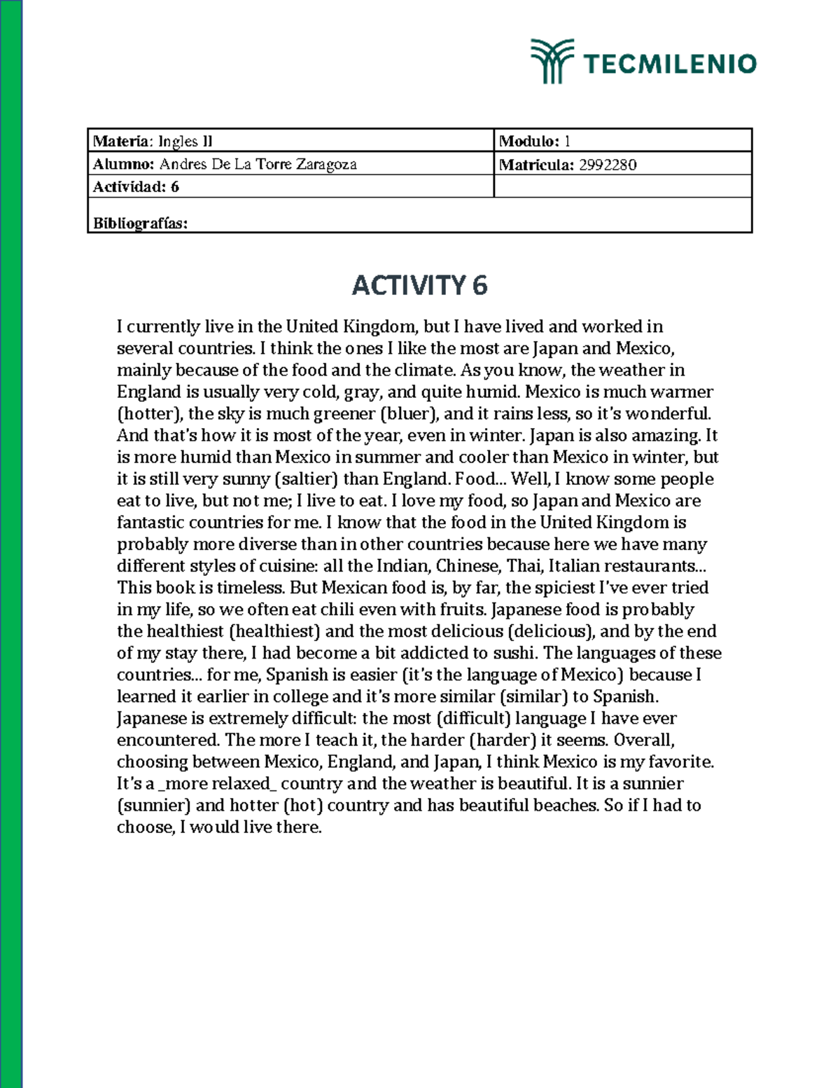Activity 6 Ingles - Actividad super facil y completa - Materia: Ingles ...
