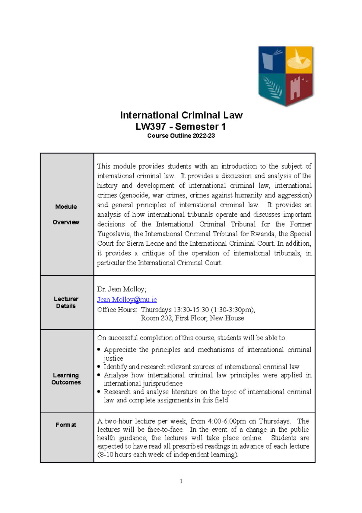 Icl Module Descriptor 2022 23 International Criminal Law Lw397 Semester 1 Course Outline 2581