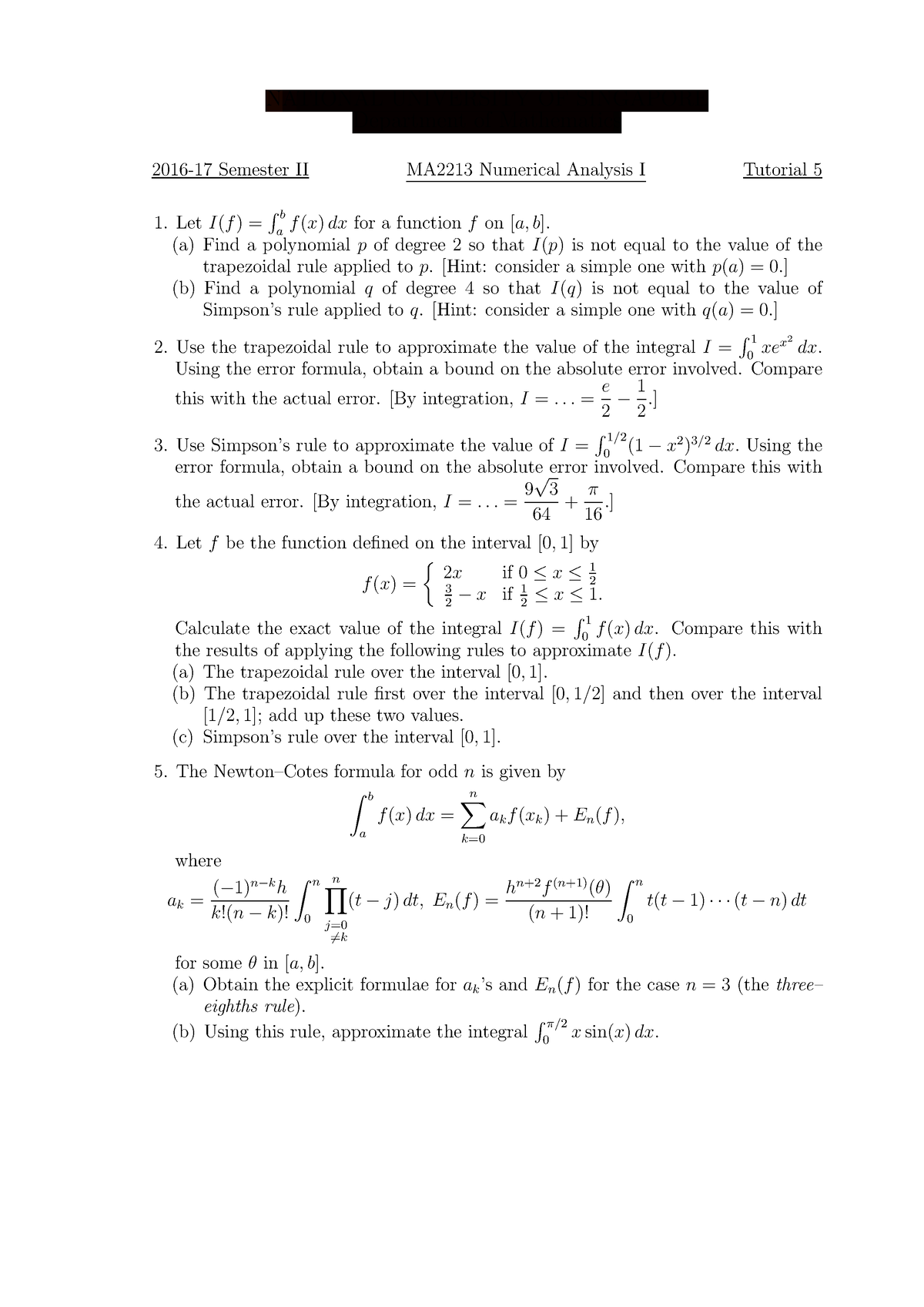 Use the trapezoidal rule - NATIONAL UNIVERSITY OF SINGAPORE Department ...