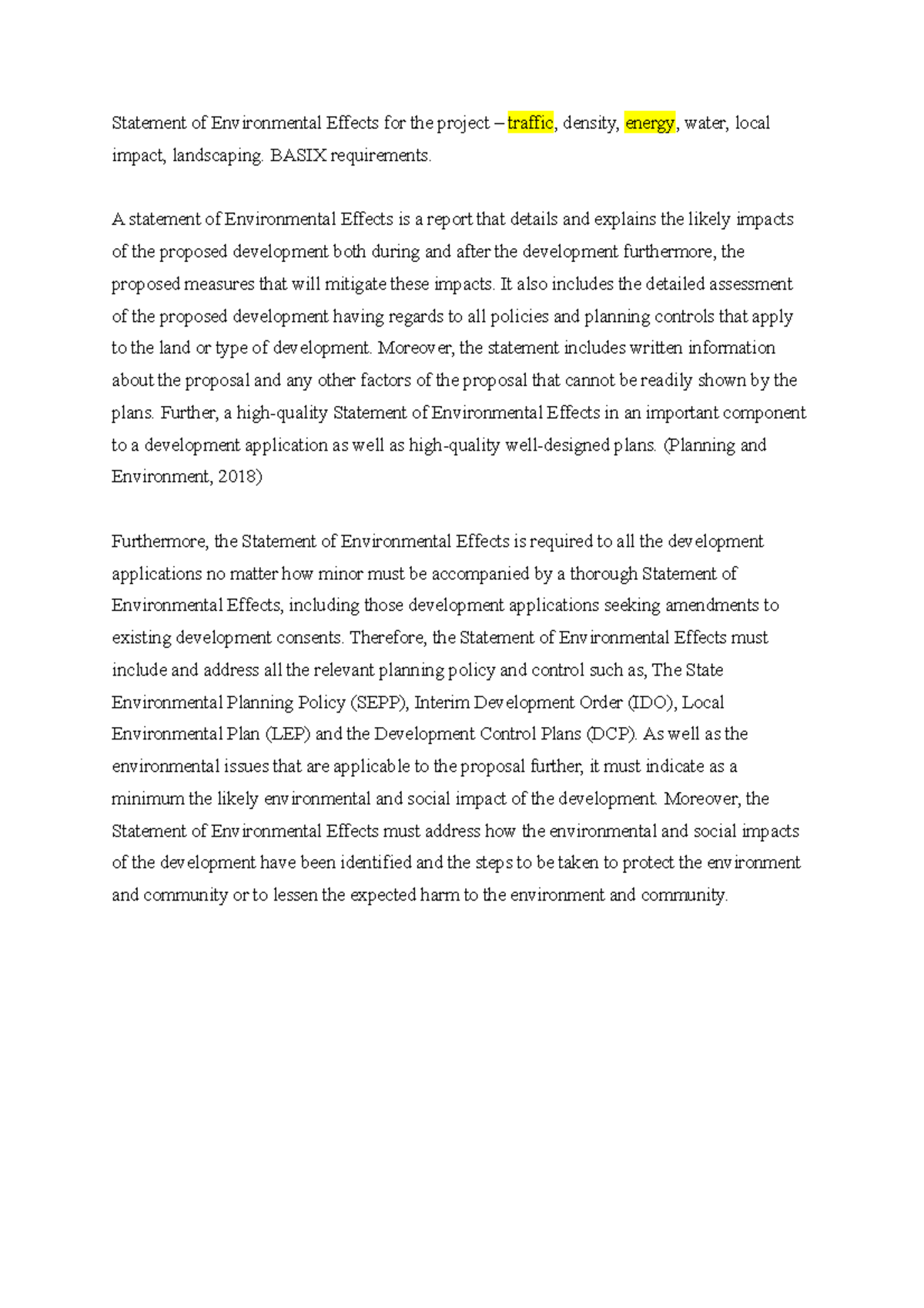 Statement of Environmental Effects for the project - BASIX requirements ...