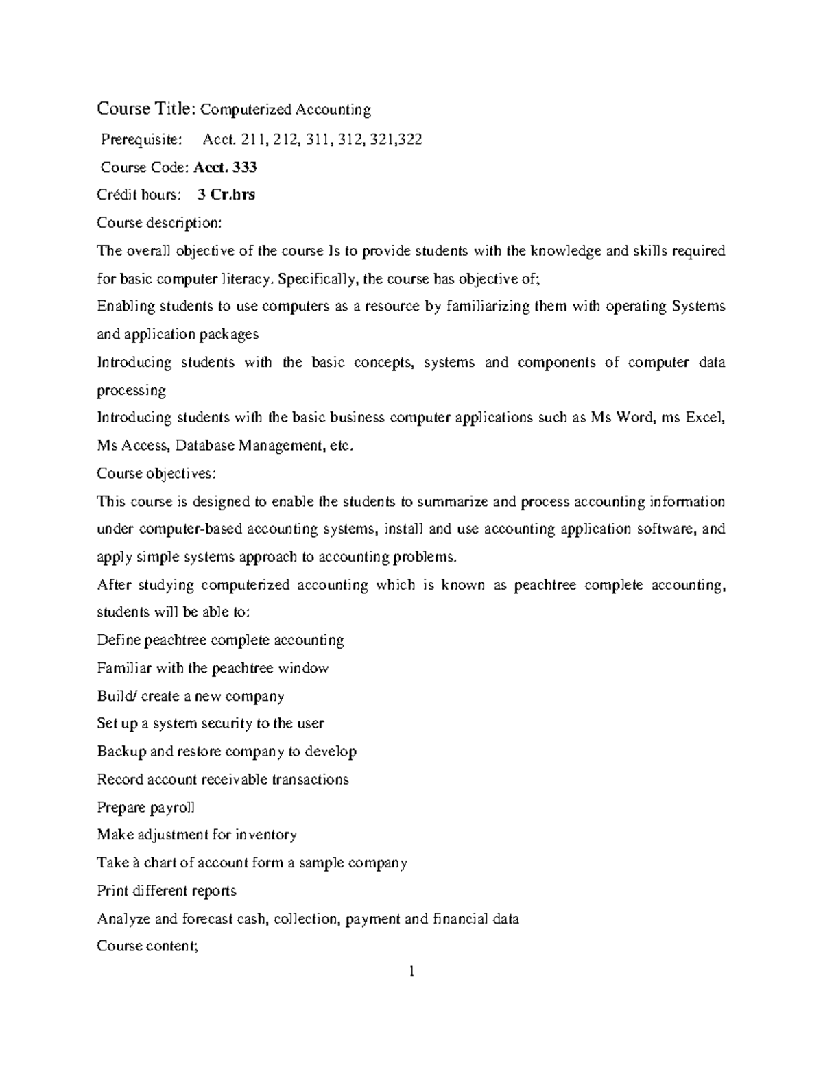 Computerized Accounting Course Title Computerized Accounting