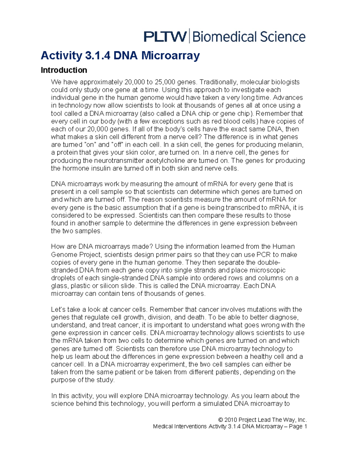 3.1.4.A DNAMicroarray - Activity 3.1 DNA Microarray Introduction We ...