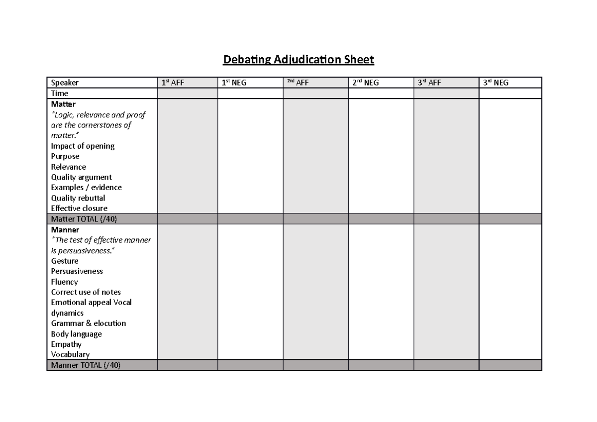 Debating Adjudication Sheet Debating Adjudication Sheet Speaker 1 St