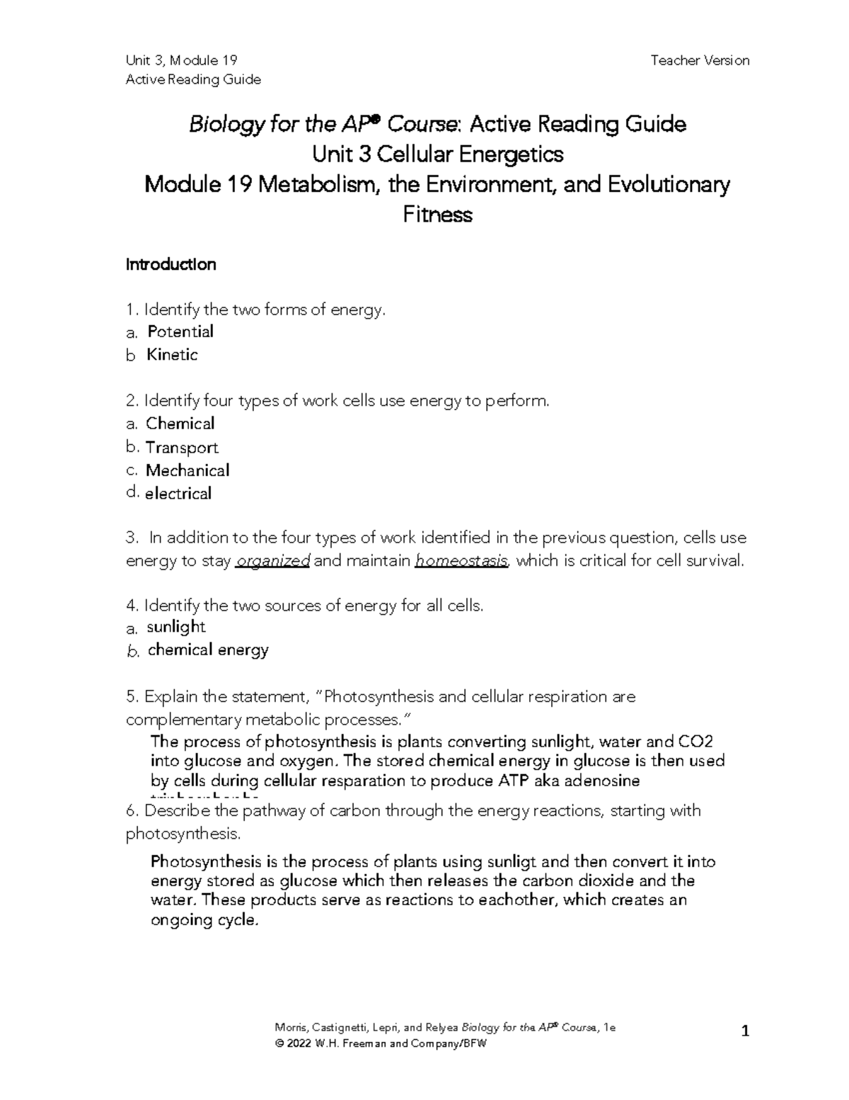 Module 19 RG - Homework answers - Active Reading Guide 1 Biology for ...