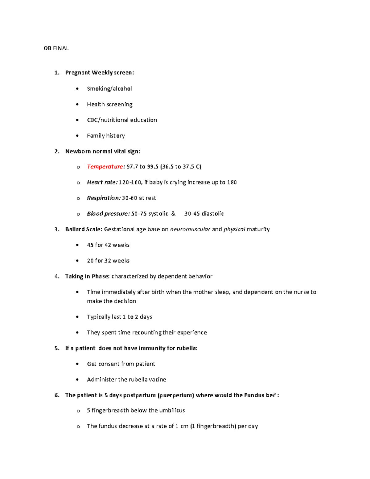 OB Final - OB FINAL 1. Pregnant Weekly screen: Smoking/alcohol Health ...