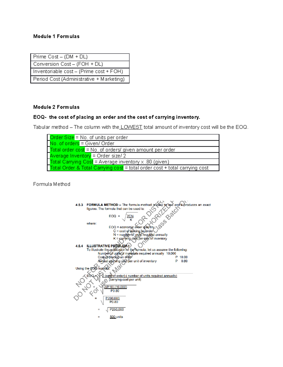 Formulas - Lecture notes 1-7 - Module 1 Formulas Prime Cost – (DM + DL ...