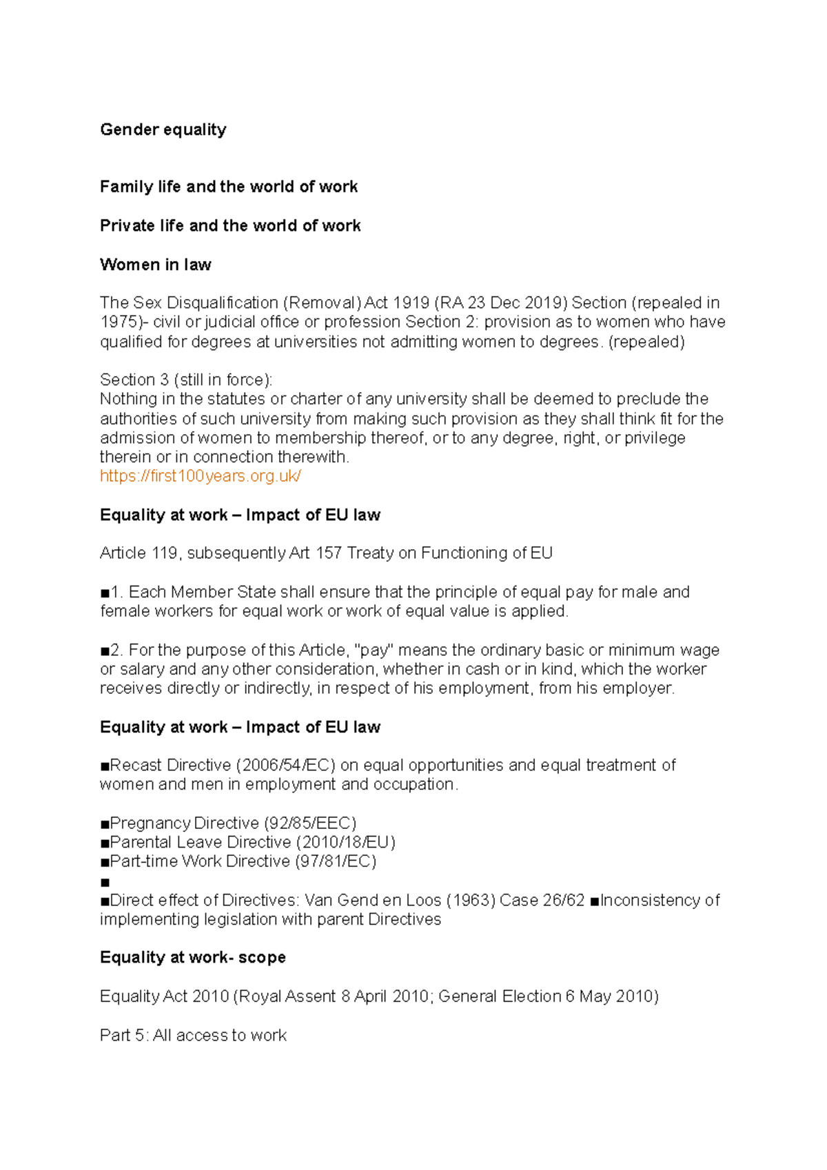 Gender equality - employment law - Gender equality Family life and the ...